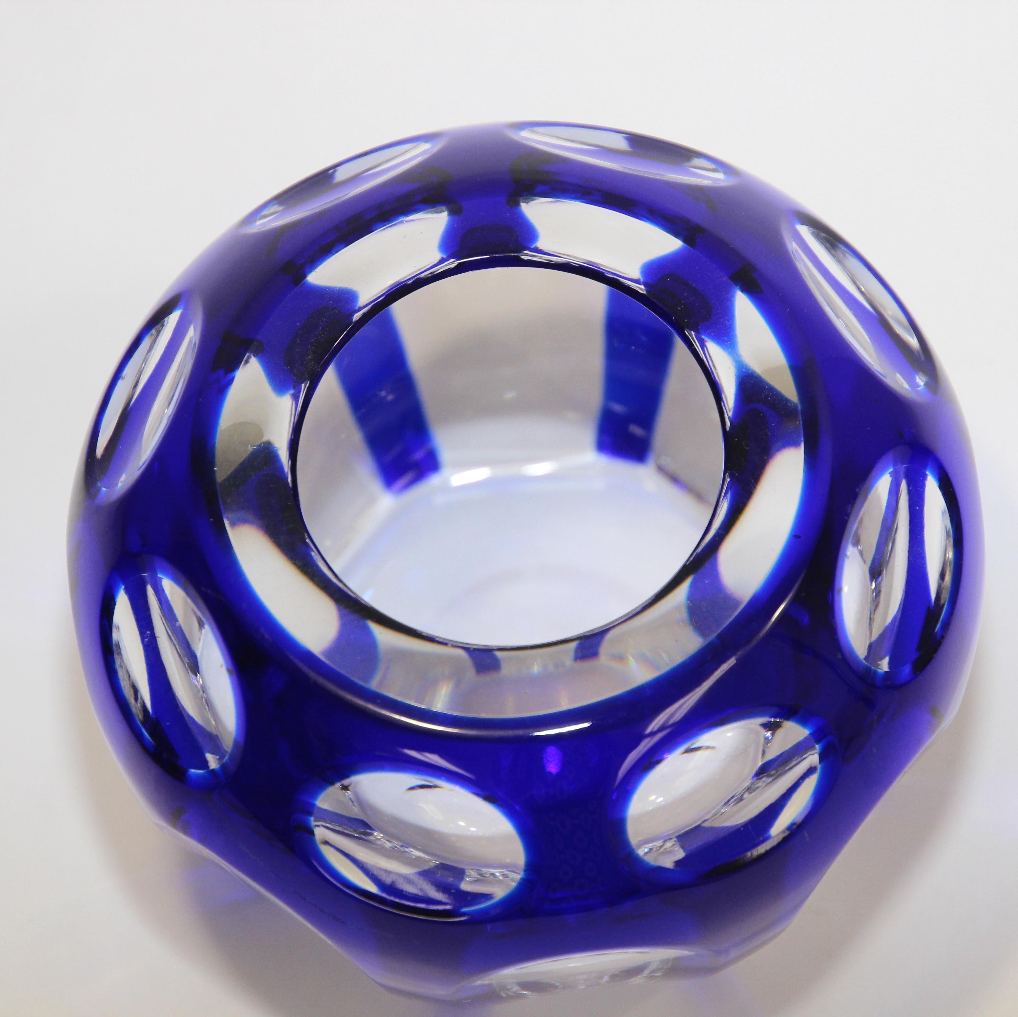 Czech Vintage Bohemian Cobalt Blue Cut to Clear Crystal Votive Candle Holder For Sale