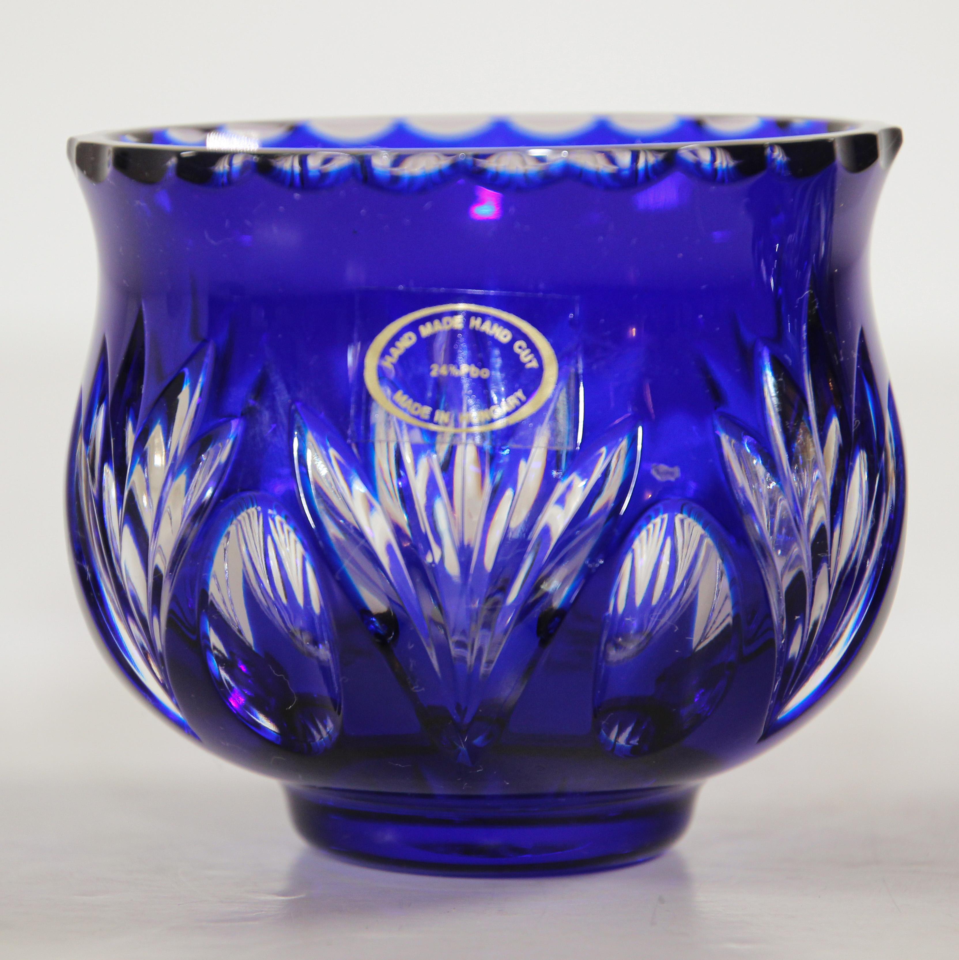 Hand-Crafted Pair of Vintage Bohemian Cobalt Blue Cut to Clear Crystal Votive Candle Holder