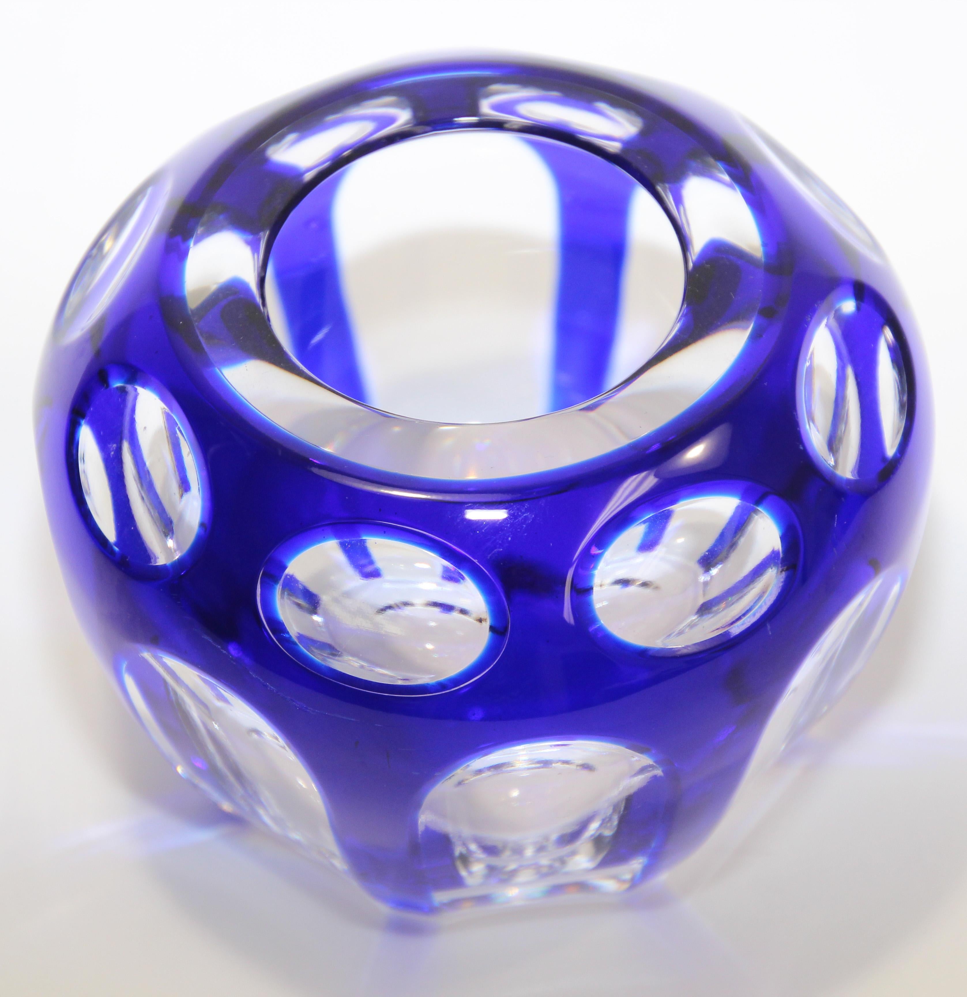 Hand-Crafted Vintage Bohemian Cobalt Blue Cut to Clear Crystal Votive Candle Holder For Sale