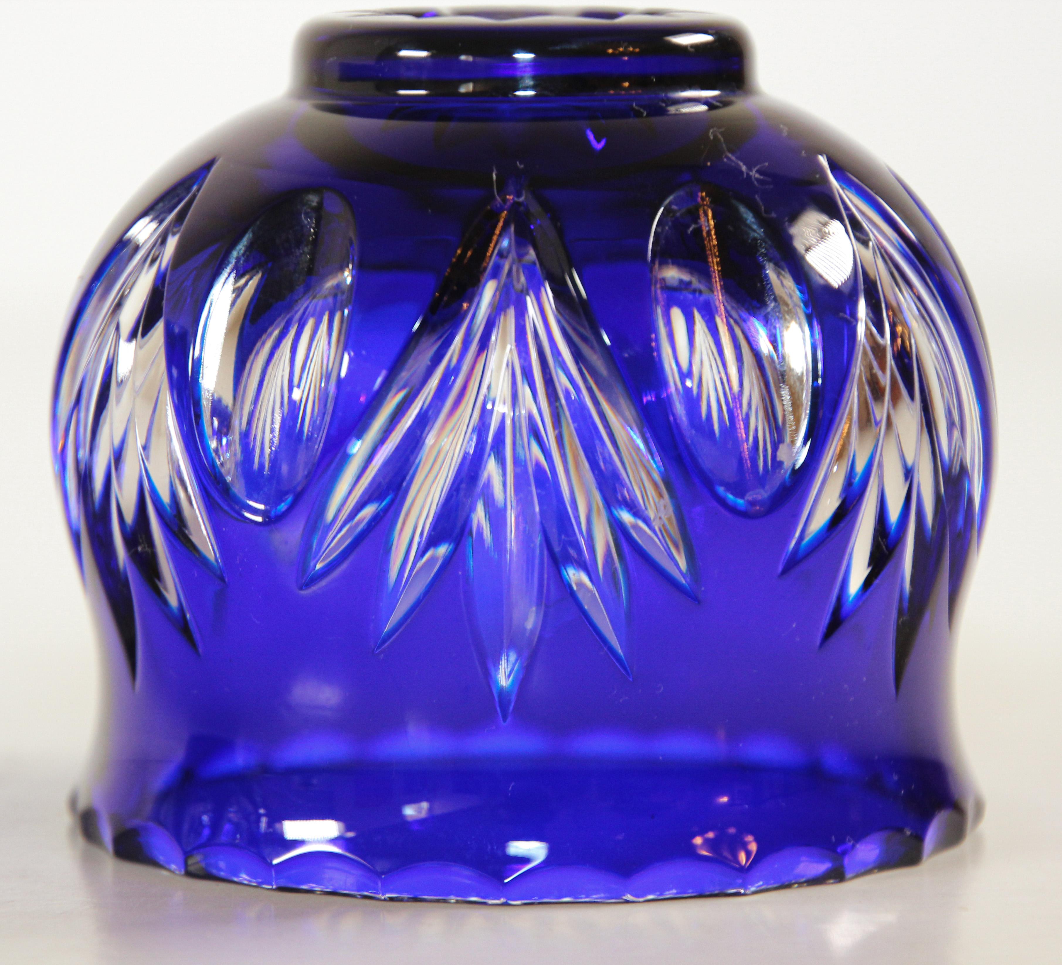 Pair of Vintage Bohemian Cobalt Blue Cut to Clear Crystal Votive Candle Holder In Good Condition In North Hollywood, CA