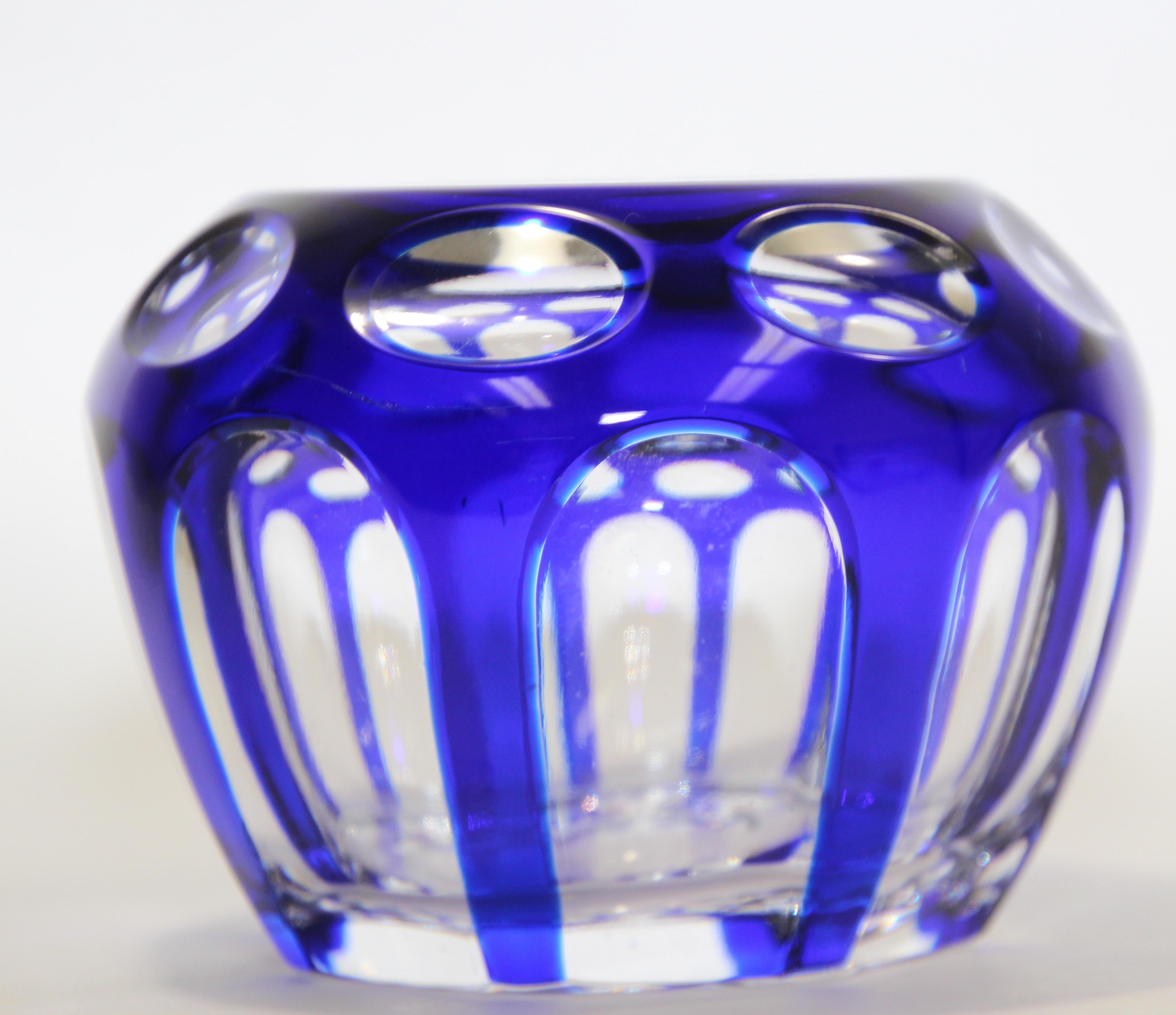 Vintage Bohemian Cobalt Blue Cut to Clear Crystal Votive Candle Holder In Good Condition For Sale In North Hollywood, CA
