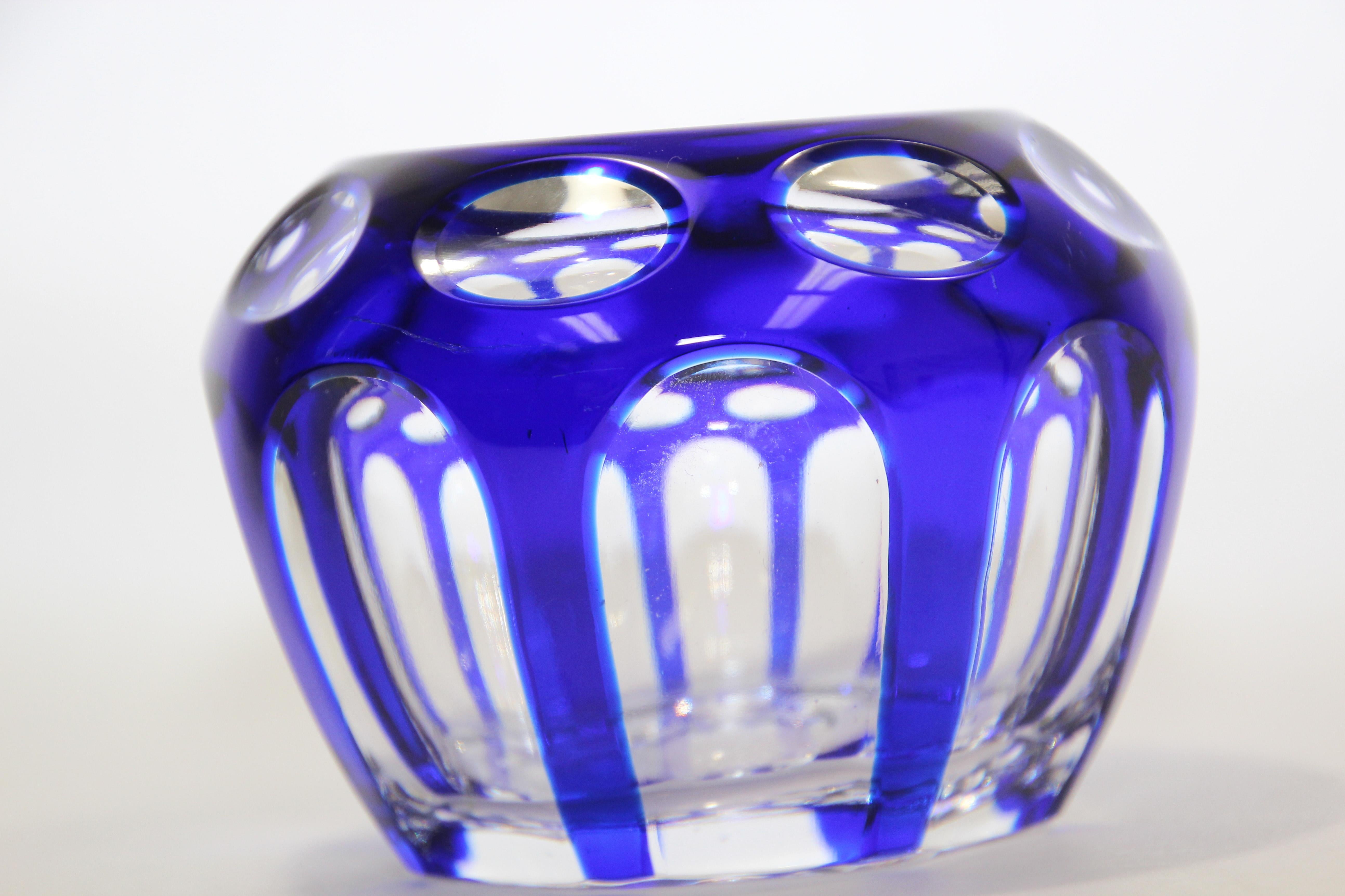 20th Century Vintage Bohemian Cobalt Blue Cut to Clear Crystal Votive Candle Holder For Sale