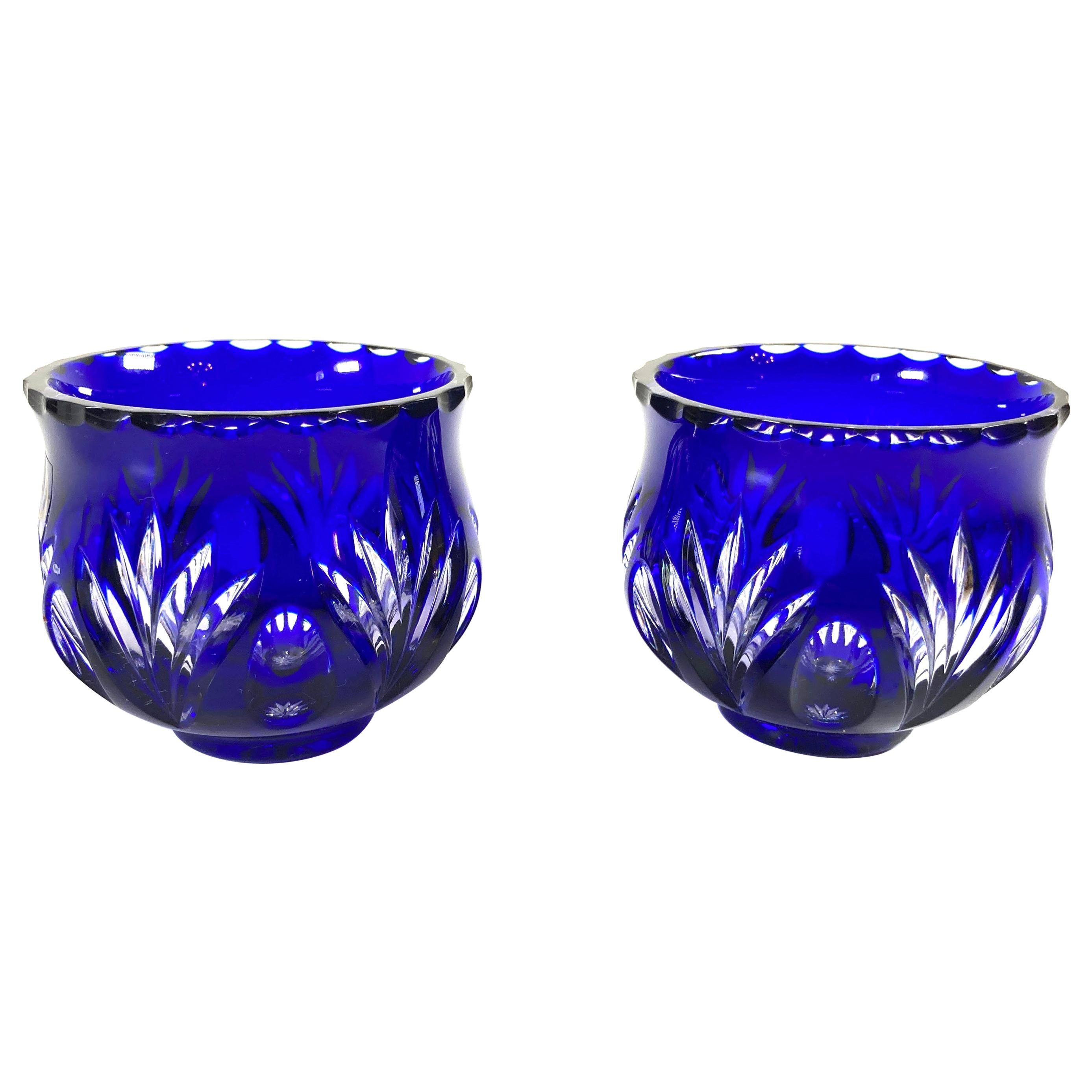 Pair of Vintage Bohemian Cobalt Blue Cut to Clear Crystal Votive Candle Holder