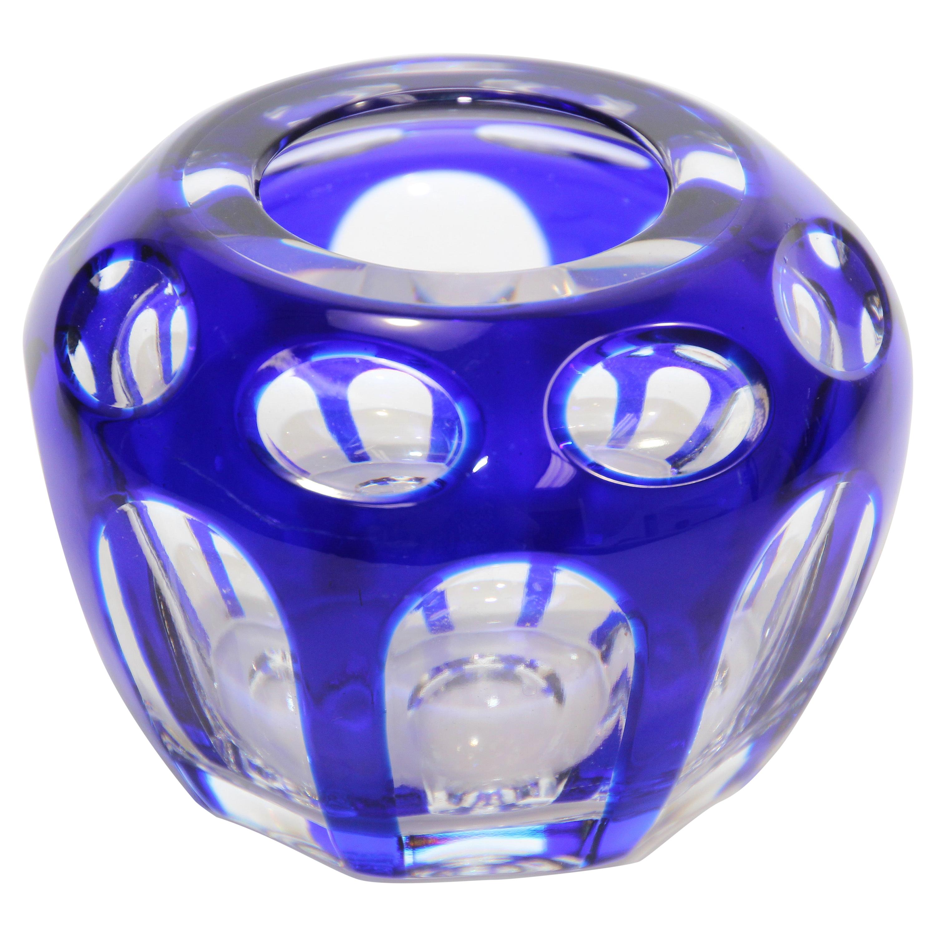 Vintage Bohemian Cobalt Blue Cut to Clear Crystal Votive Candle Holder