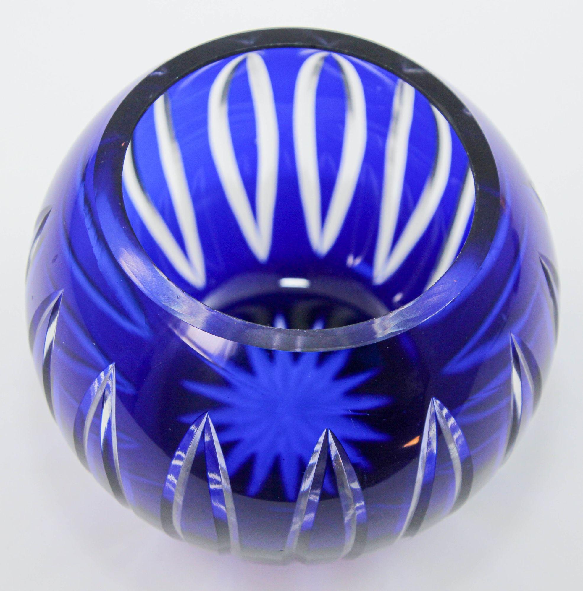 Vintage Bohemian Cobalt Blue Cut to Clear Glass Crystal Rose Vase Bowl For Sale 3