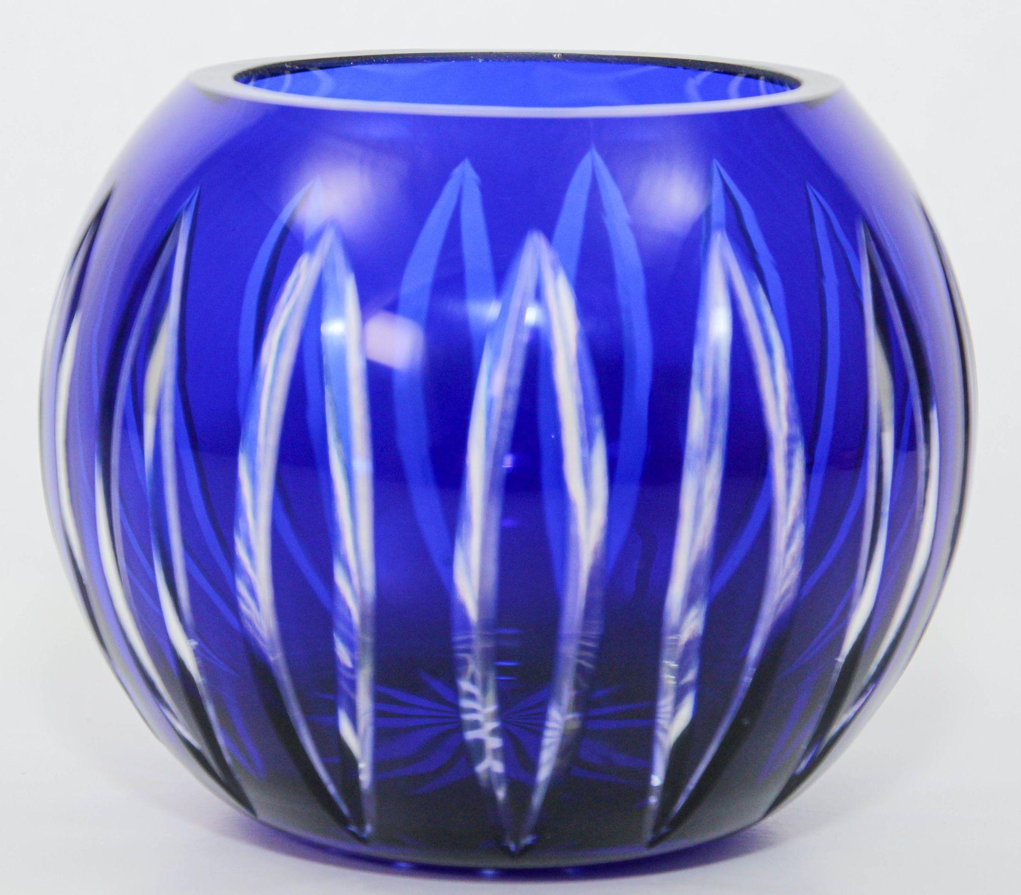 Vintage Bohemian Cobalt Blue Cut to Clear Glass Crystal Rose Vase Bowl For Sale 4