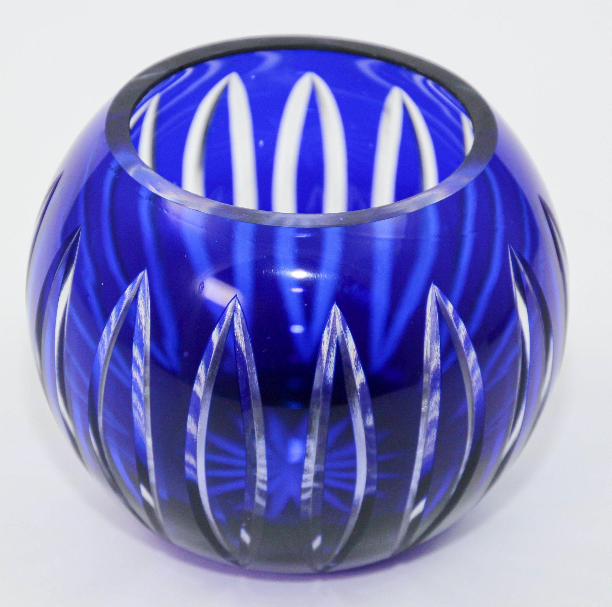 Vintage Bohemian Cobalt Blue Cut to Clear Glass Crystal Rose Vase Bowl For Sale 5