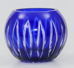 Vintage Bohemian Cobalt Blue Cut to Clear Glass Crystal Rose Vase Bowl