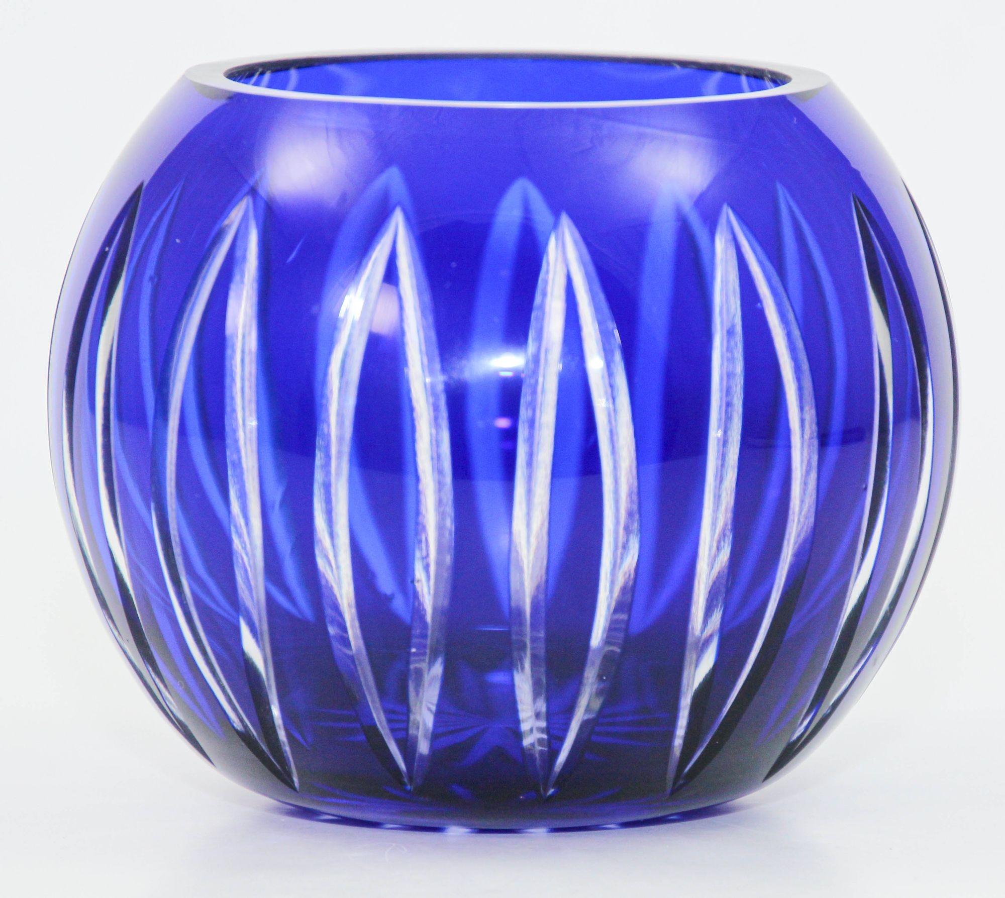 Czech Vintage Bohemian Cobalt Blue Cut to Clear Glass Crystal Rose Vase Bowl For Sale