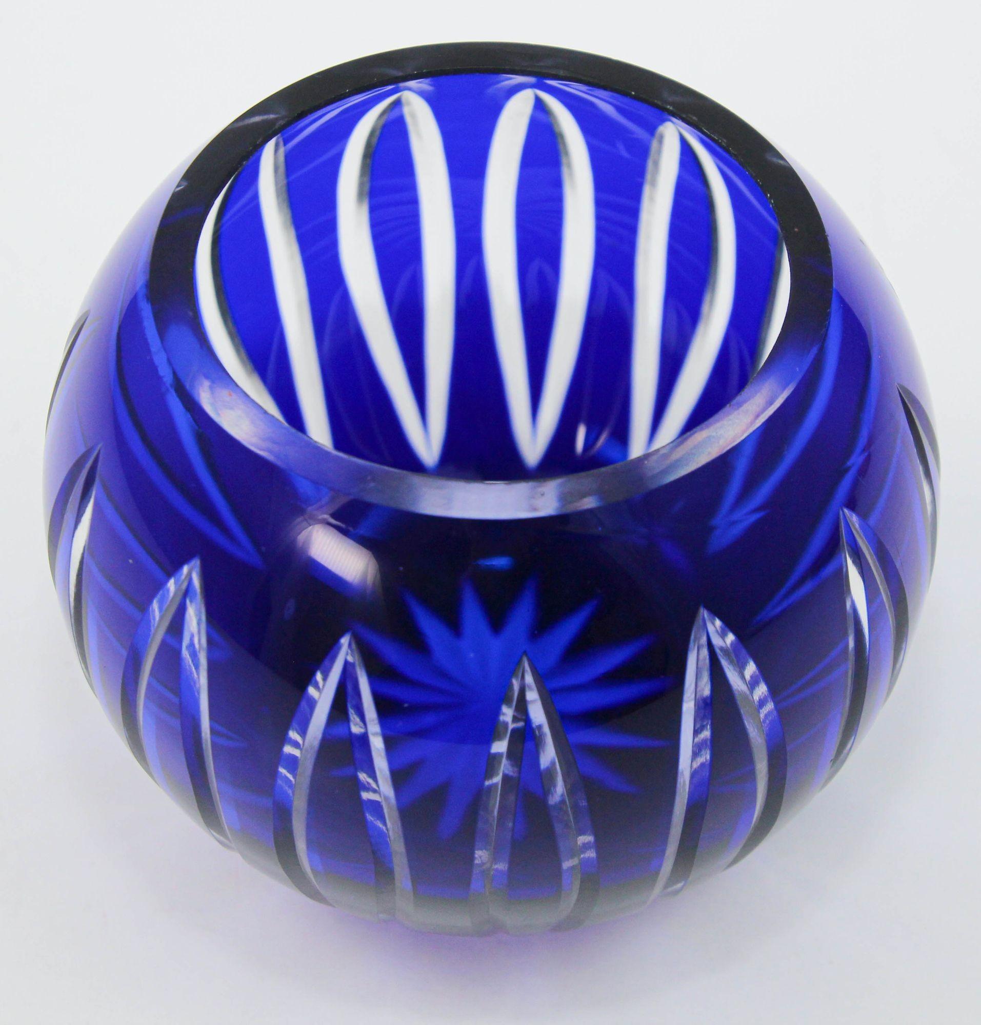 Hand-Crafted Vintage Bohemian Cobalt Blue Cut to Clear Glass Crystal Rose Vase Bowl For Sale