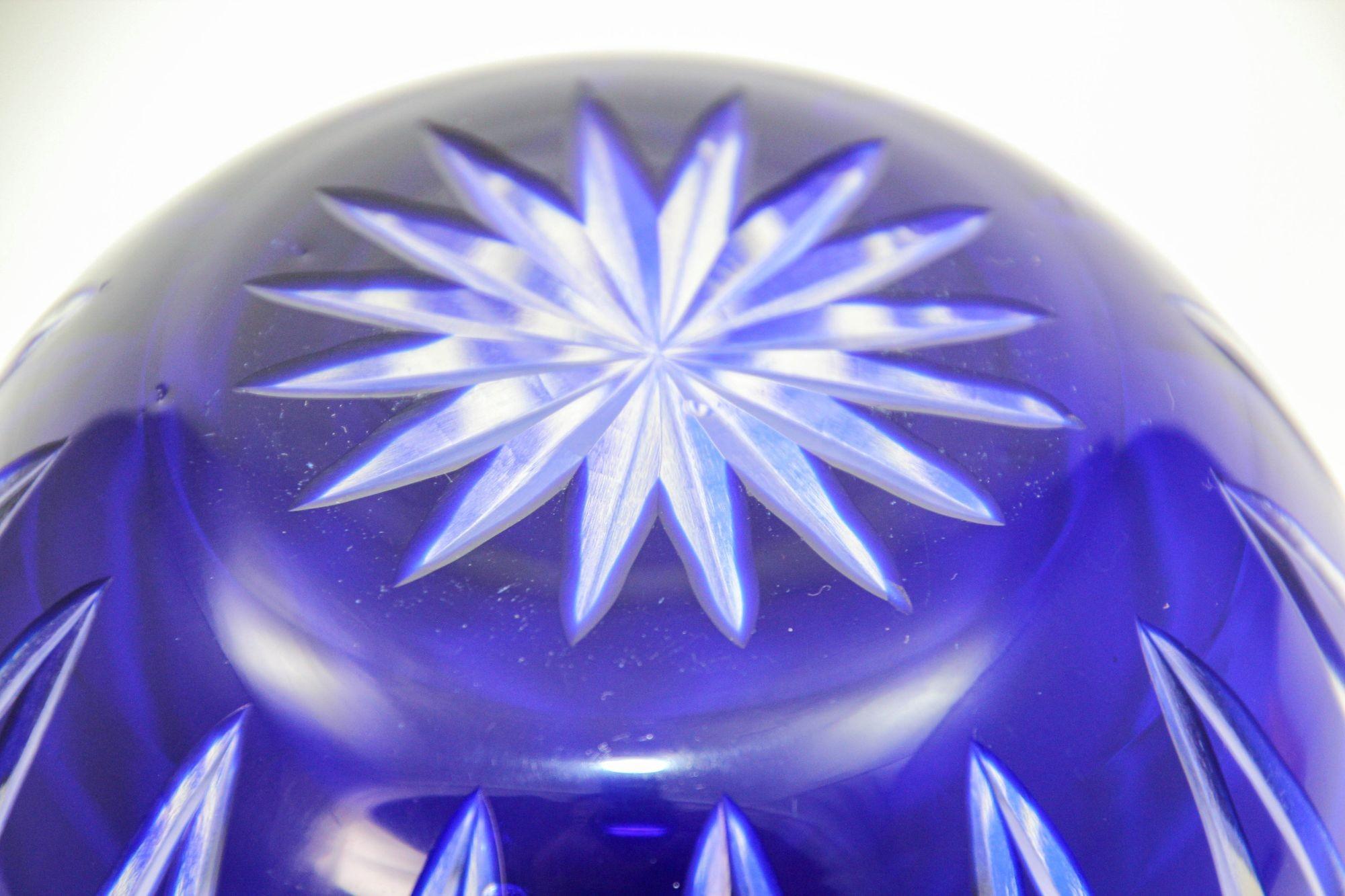 20th Century Vintage Bohemian Cobalt Blue Cut to Clear Glass Crystal Rose Vase Bowl For Sale