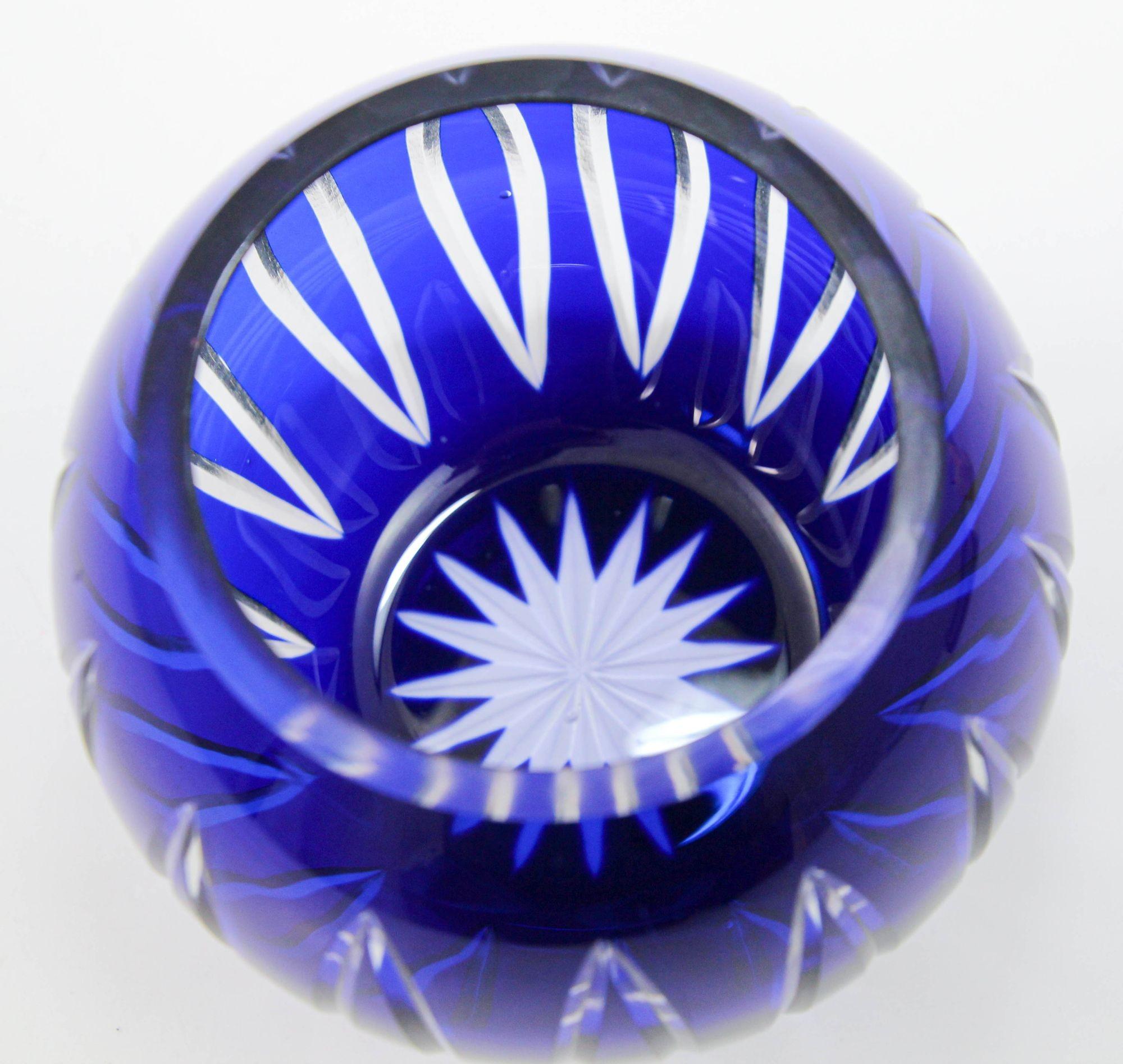 Art Glass Vintage Bohemian Cobalt Blue Cut to Clear Glass Crystal Rose Vase Bowl For Sale
