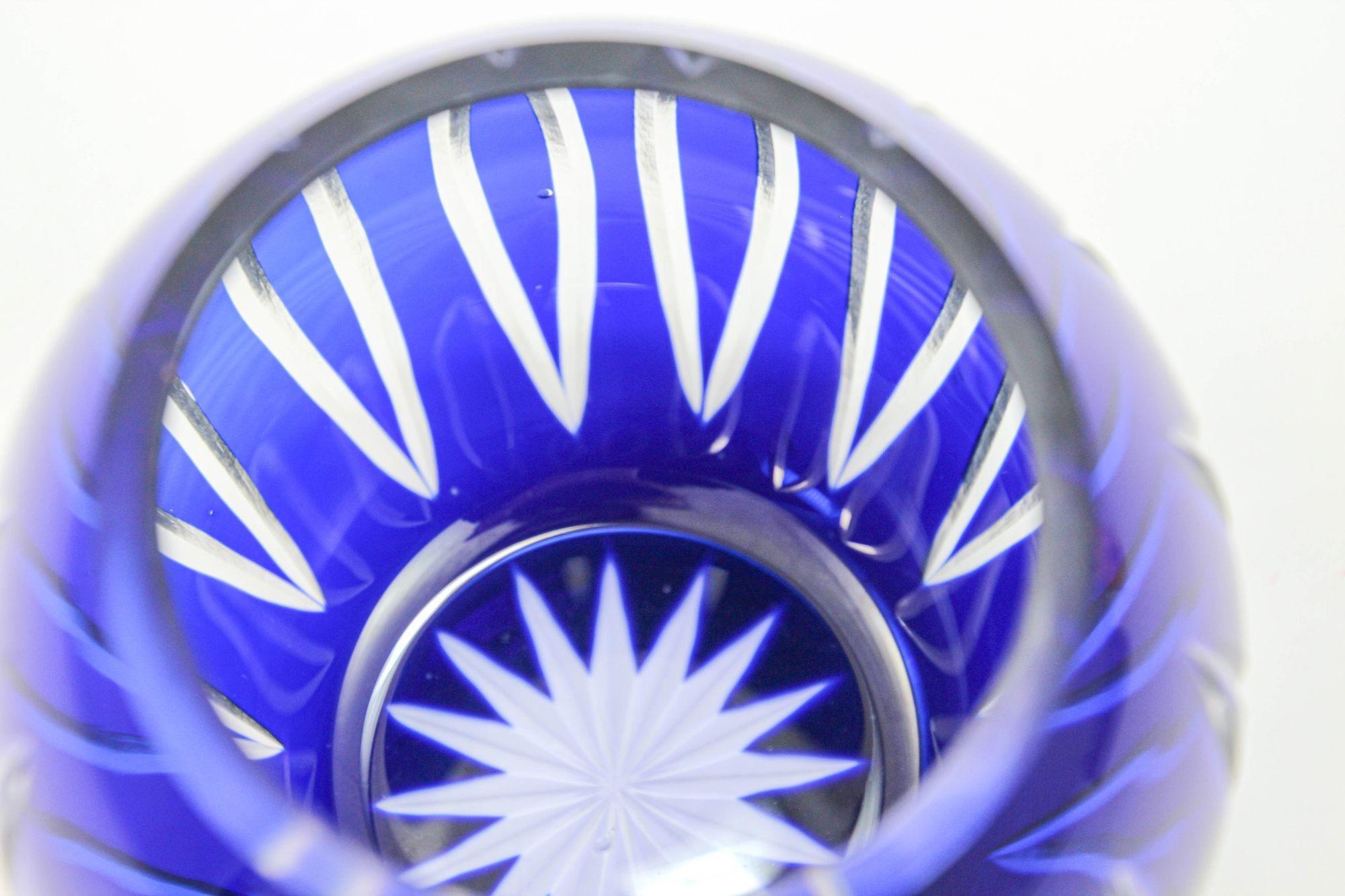 Art Glass Vintage Bohemian Cobalt Blue Cut to Clear Glass Crystal Rose Vase Bowl For Sale