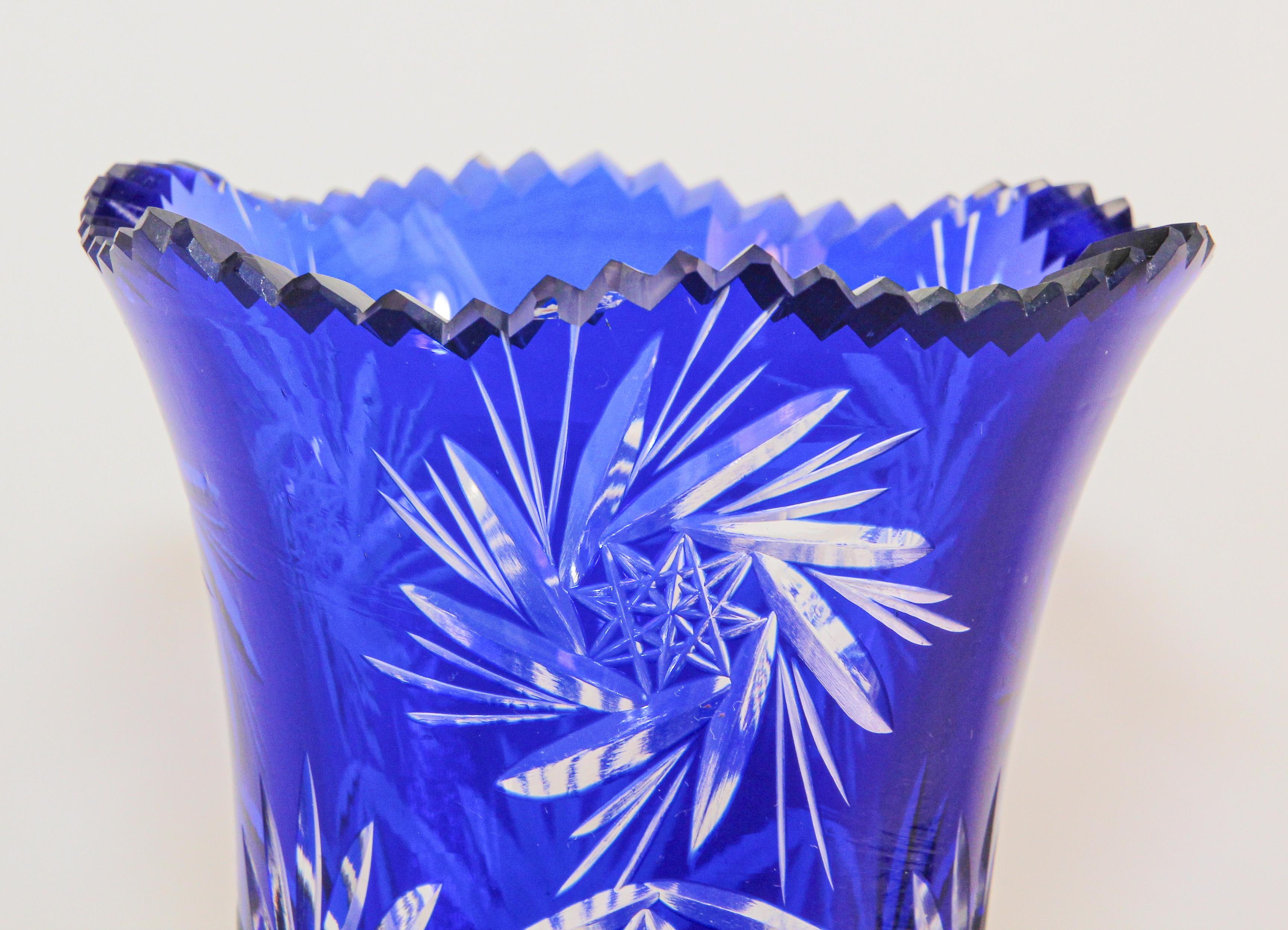 Vintage Bohemian Cobalt Blue Cut to Clear Glass Crystal Vase 1