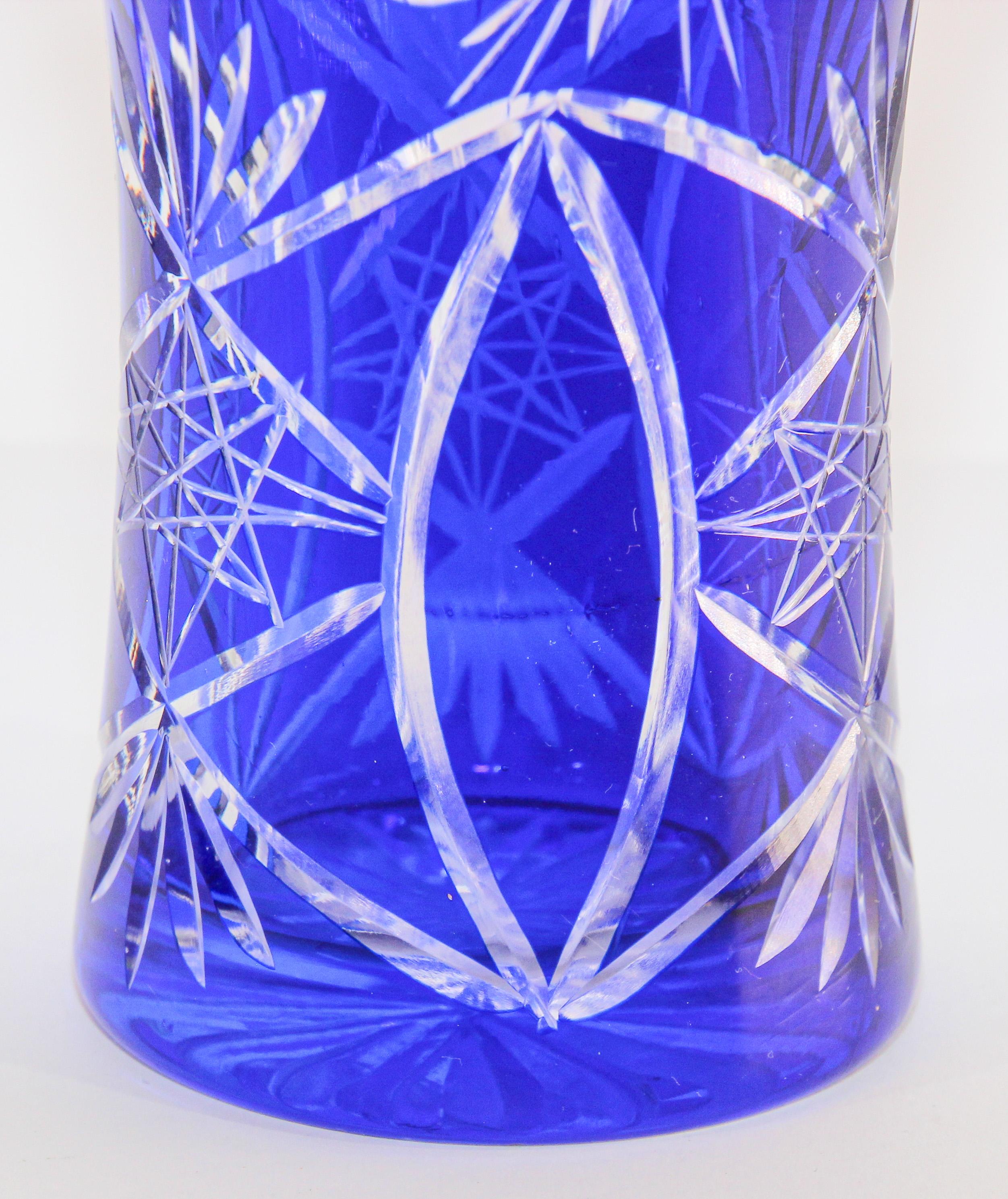 Vintage Bohemian Cobalt Blue Cut to Clear Glass Crystal Vase 2