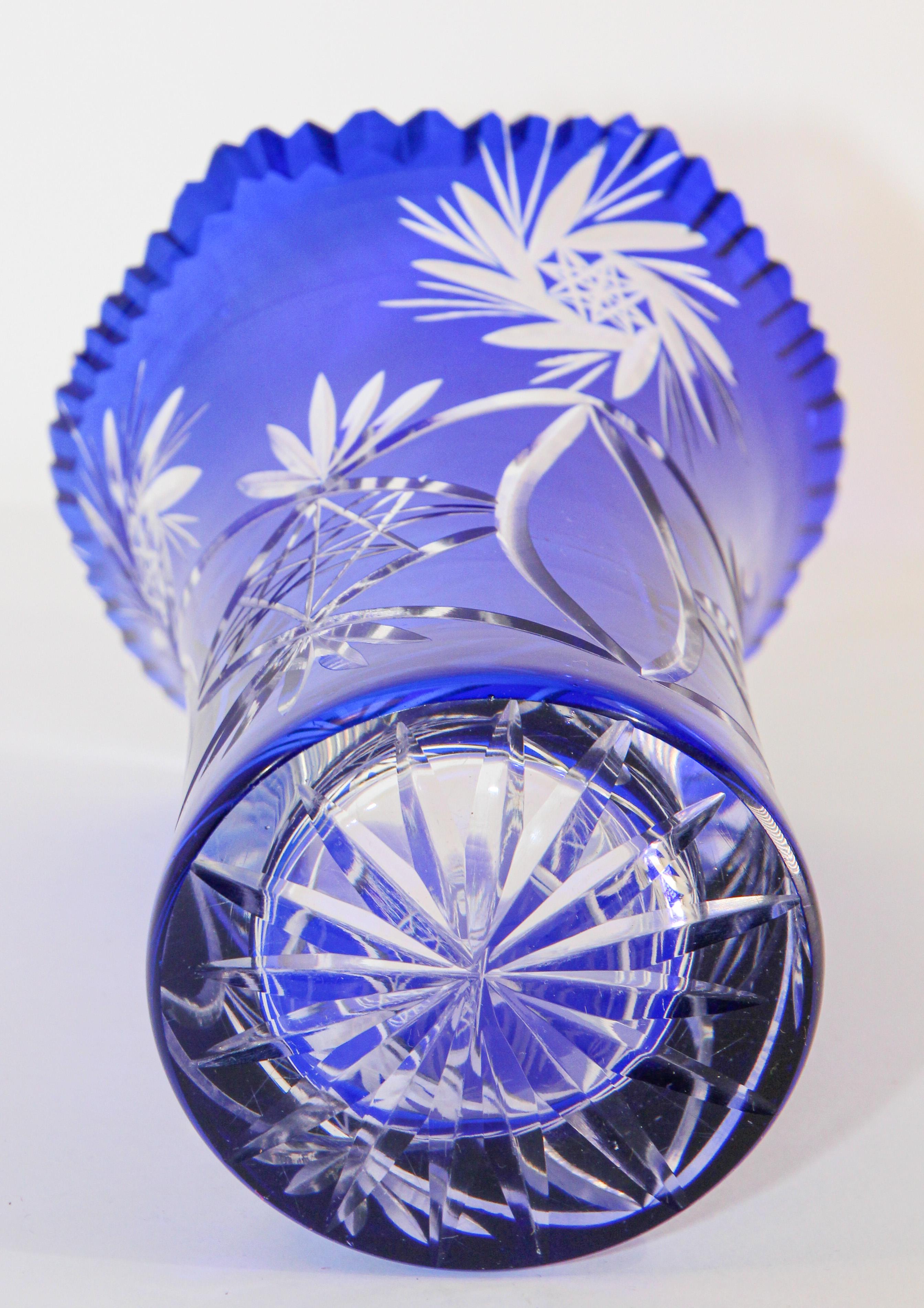 Vintage Bohemian Cobalt Blue Cut to Clear Glass Crystal Vase 3