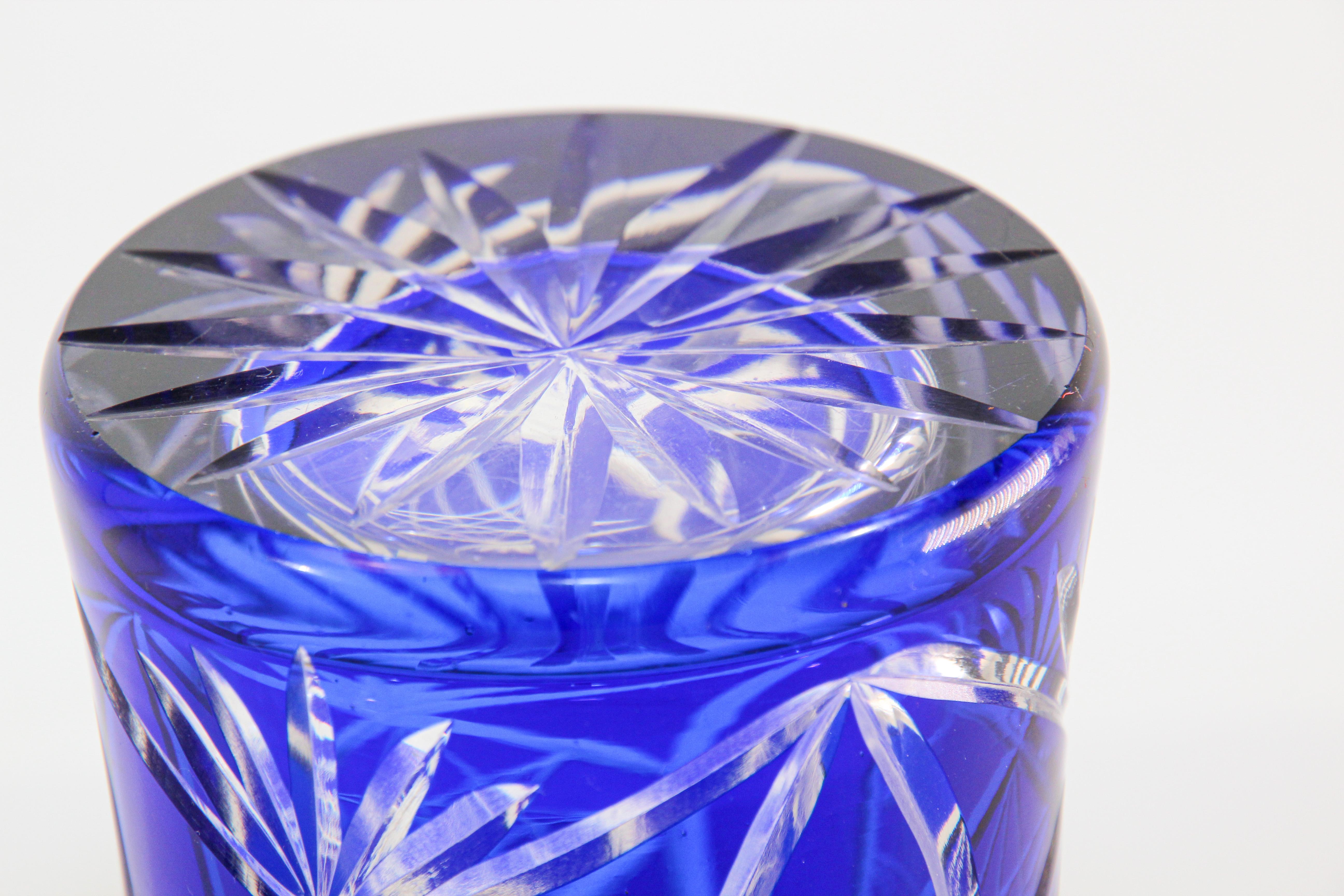 Vintage Bohemian Cobalt Blue Cut to Clear Glass Crystal Vase 5