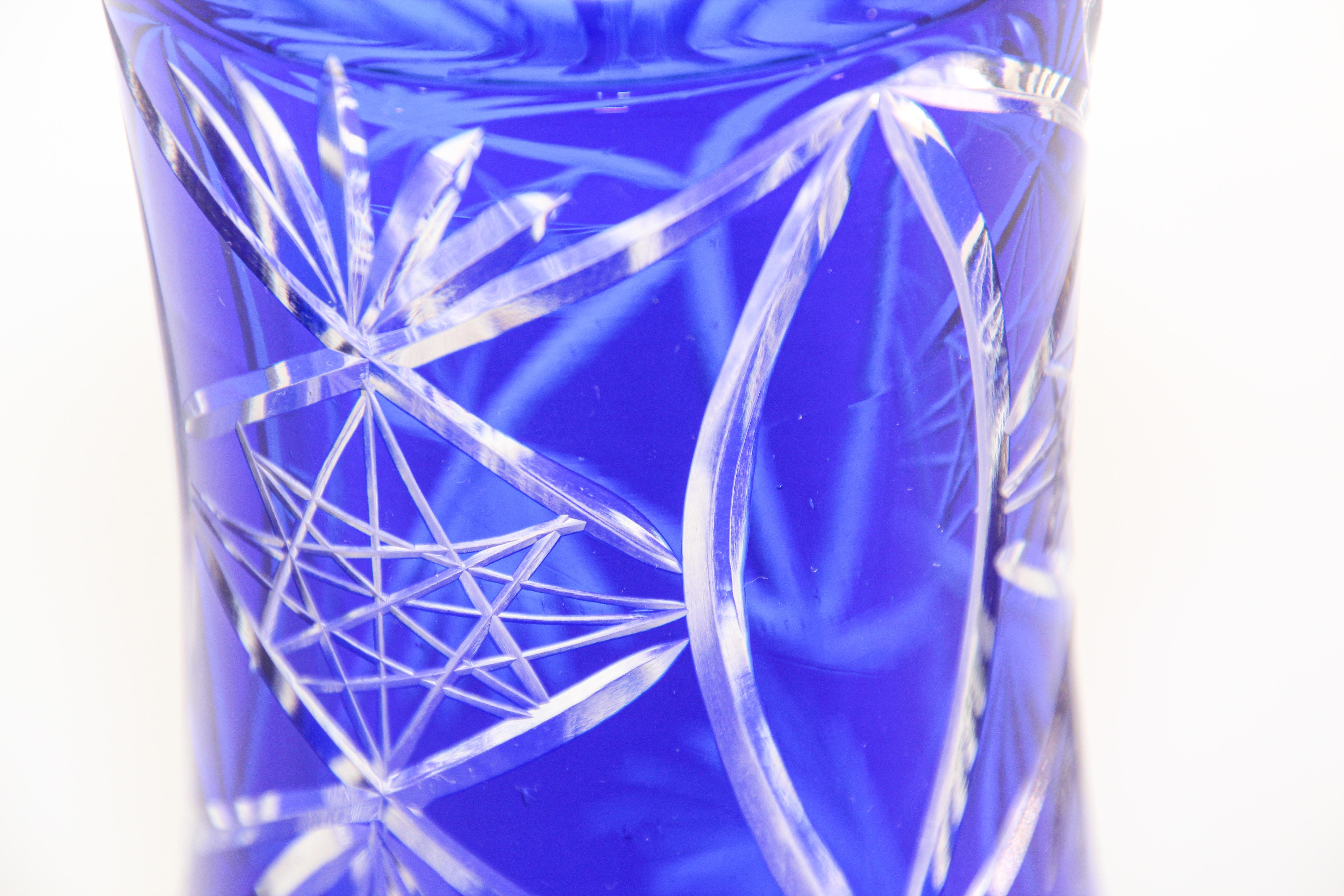 Vintage Bohemian Cobalt Blue Cut to Clear Glass Crystal Vase 6