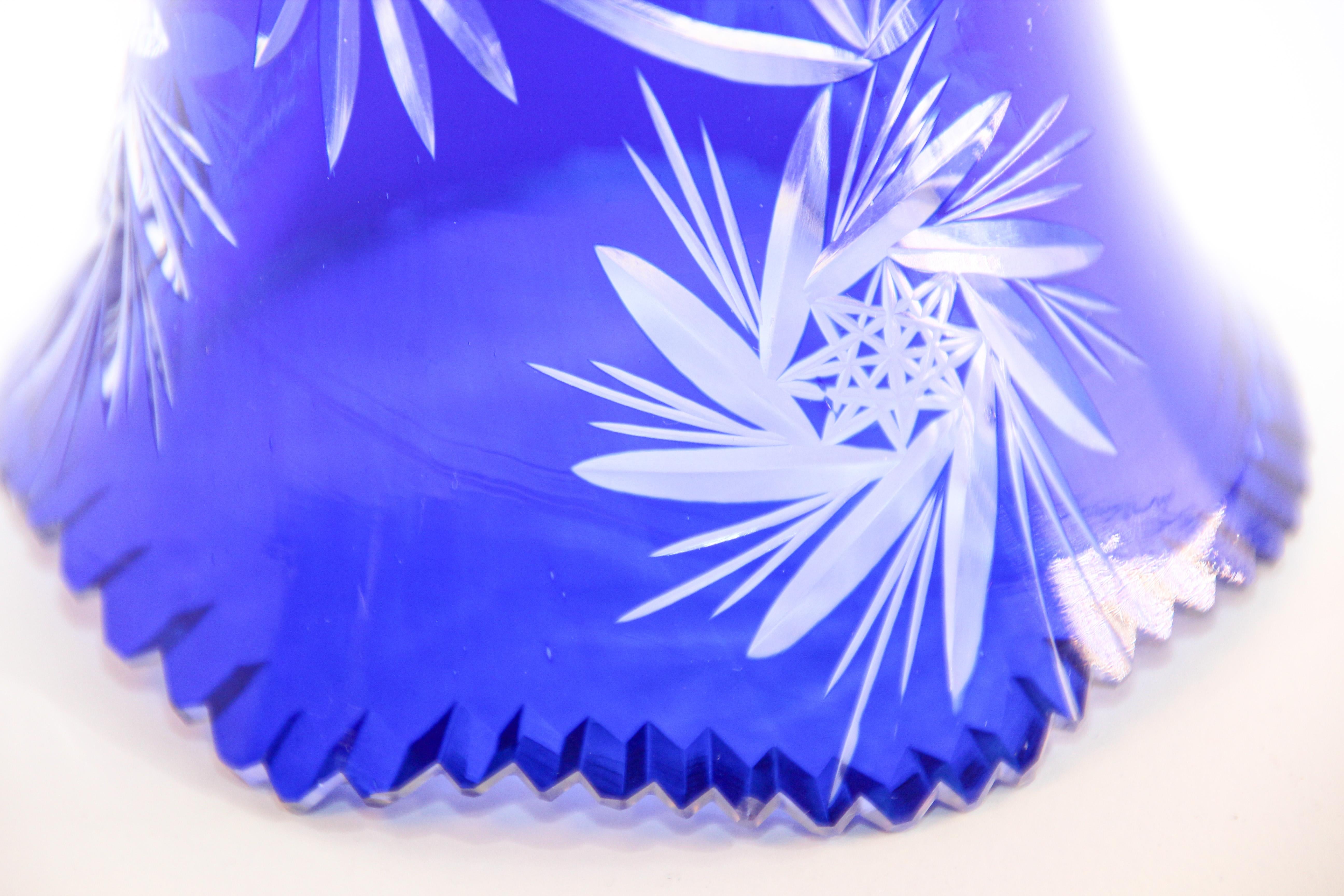 Vintage Bohemian Cobalt Blue Cut to Clear Glass Crystal Vase 7