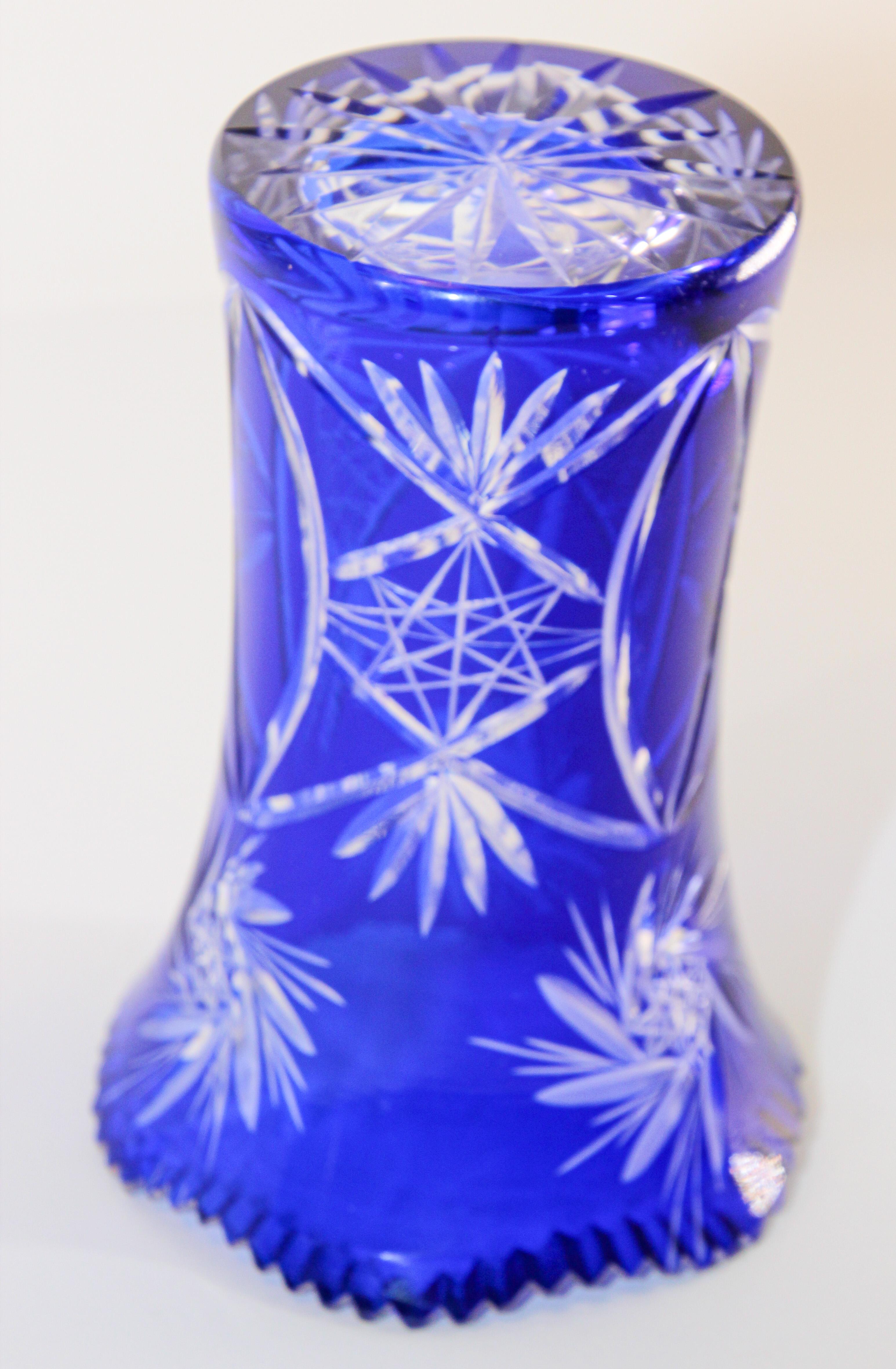 Vintage Bohemian Cobalt Blue Cut to Clear Glass Crystal Vase 8