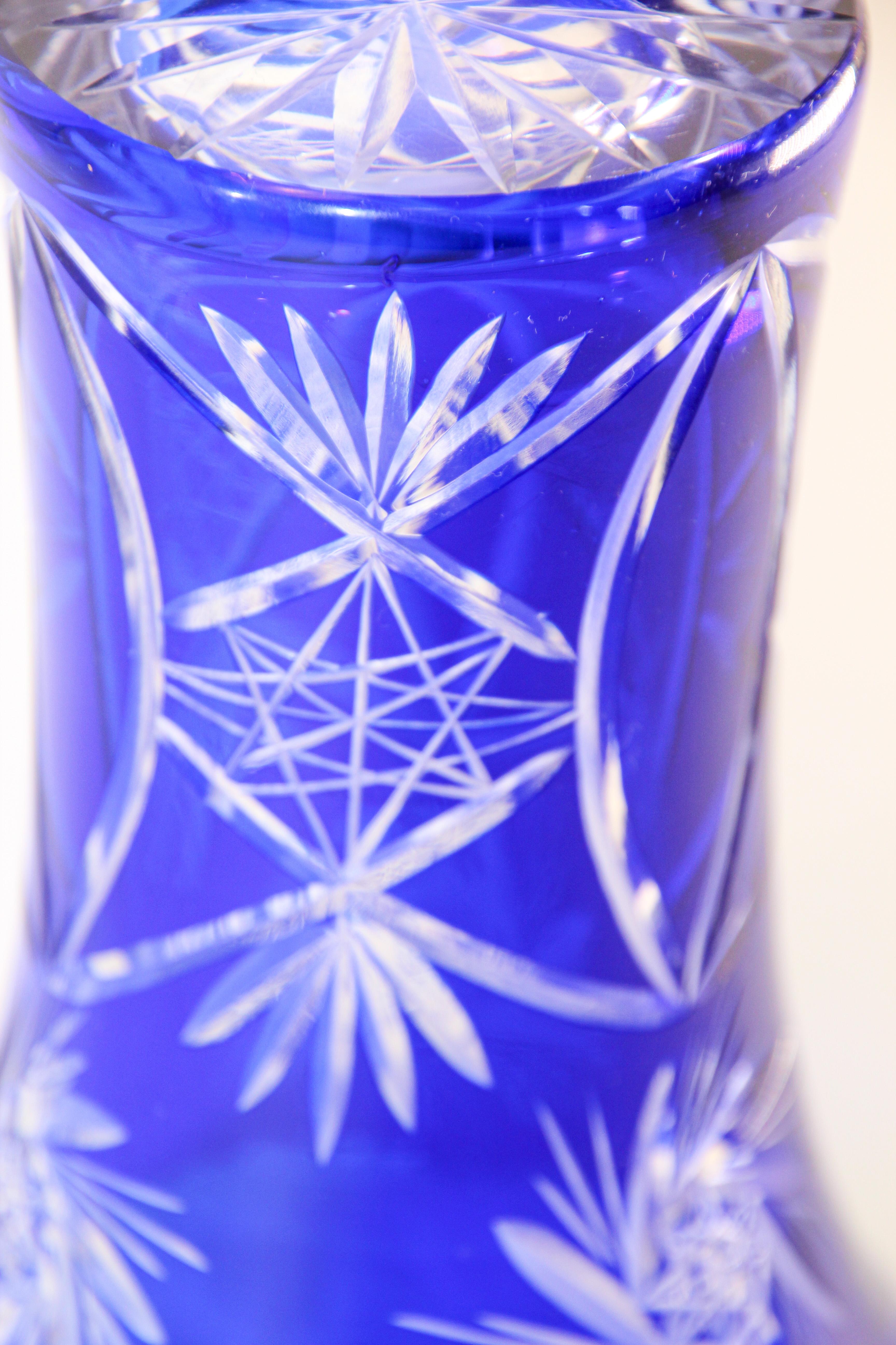 Vintage Bohemian Cobalt Blue Cut to Clear Glass Crystal Vase 9
