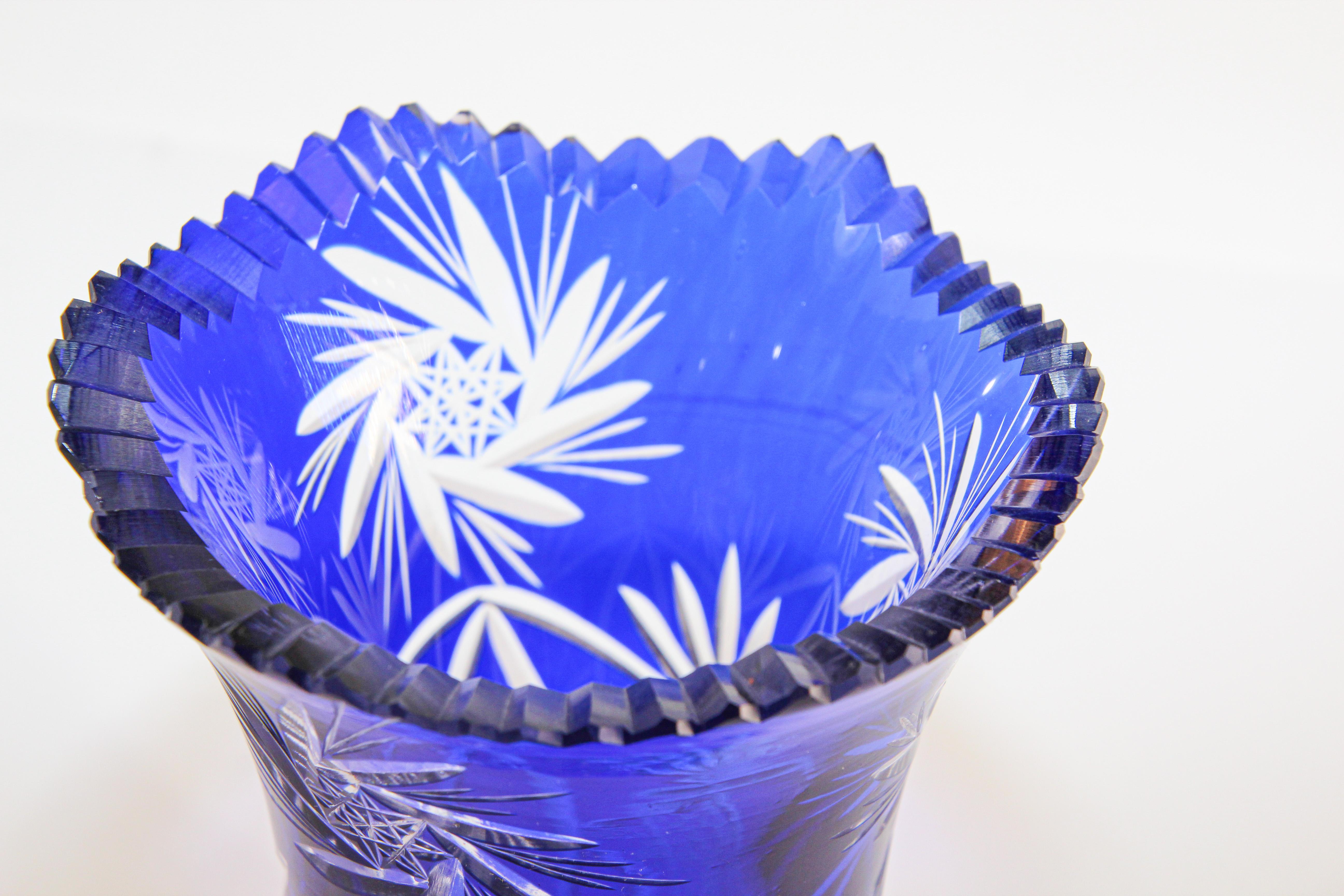 Vintage Bohemian Cobalt Blue Cut to Clear Glass Crystal Vase 10
