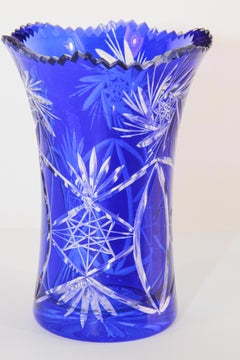 Vintage Bohemian Cobalt Blue Cut to Clear Glass Crystal Vase