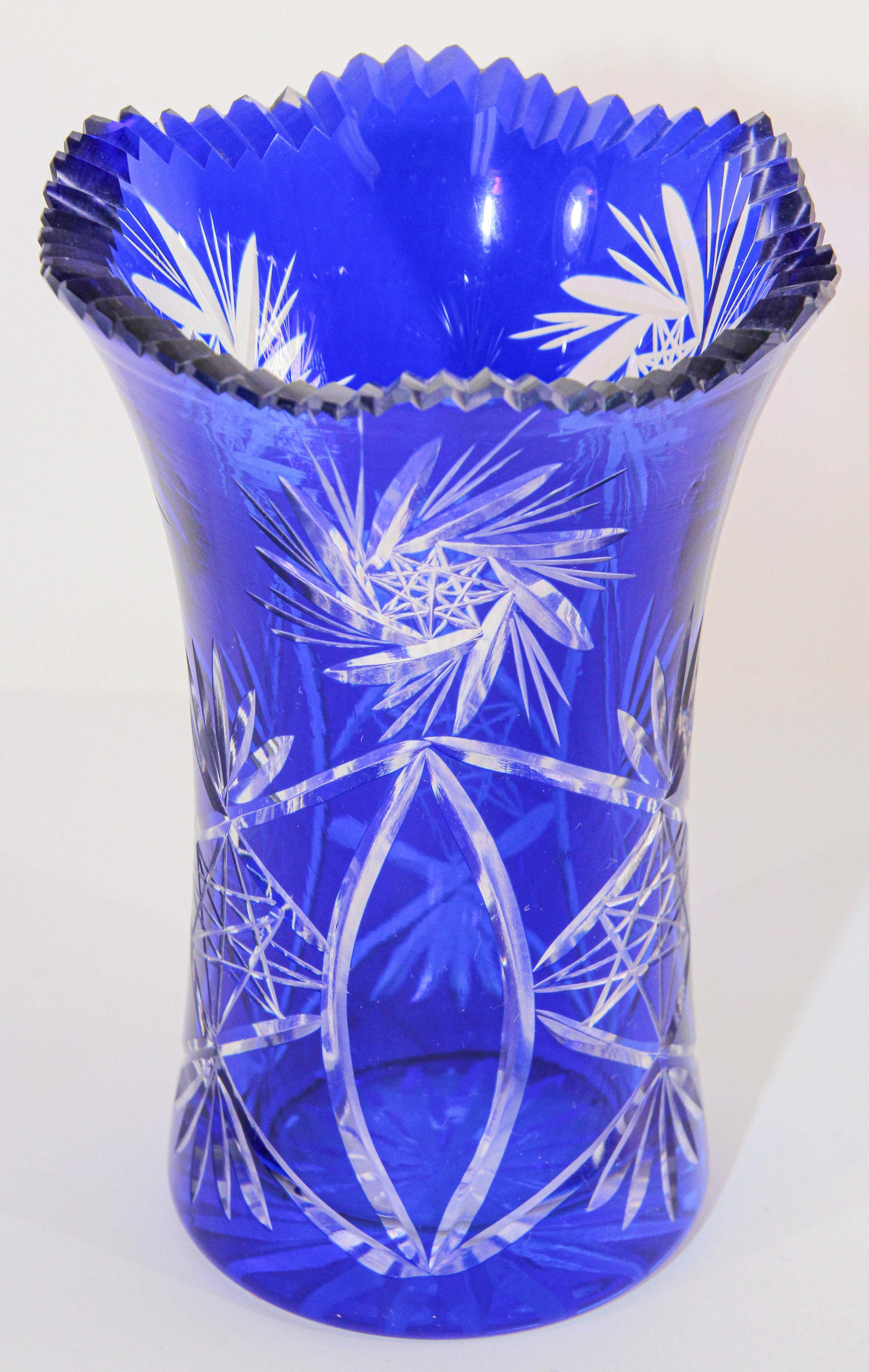 Vintage Bohemian Cobalt Blue Cut to Clear Glass Crystal Vase 11