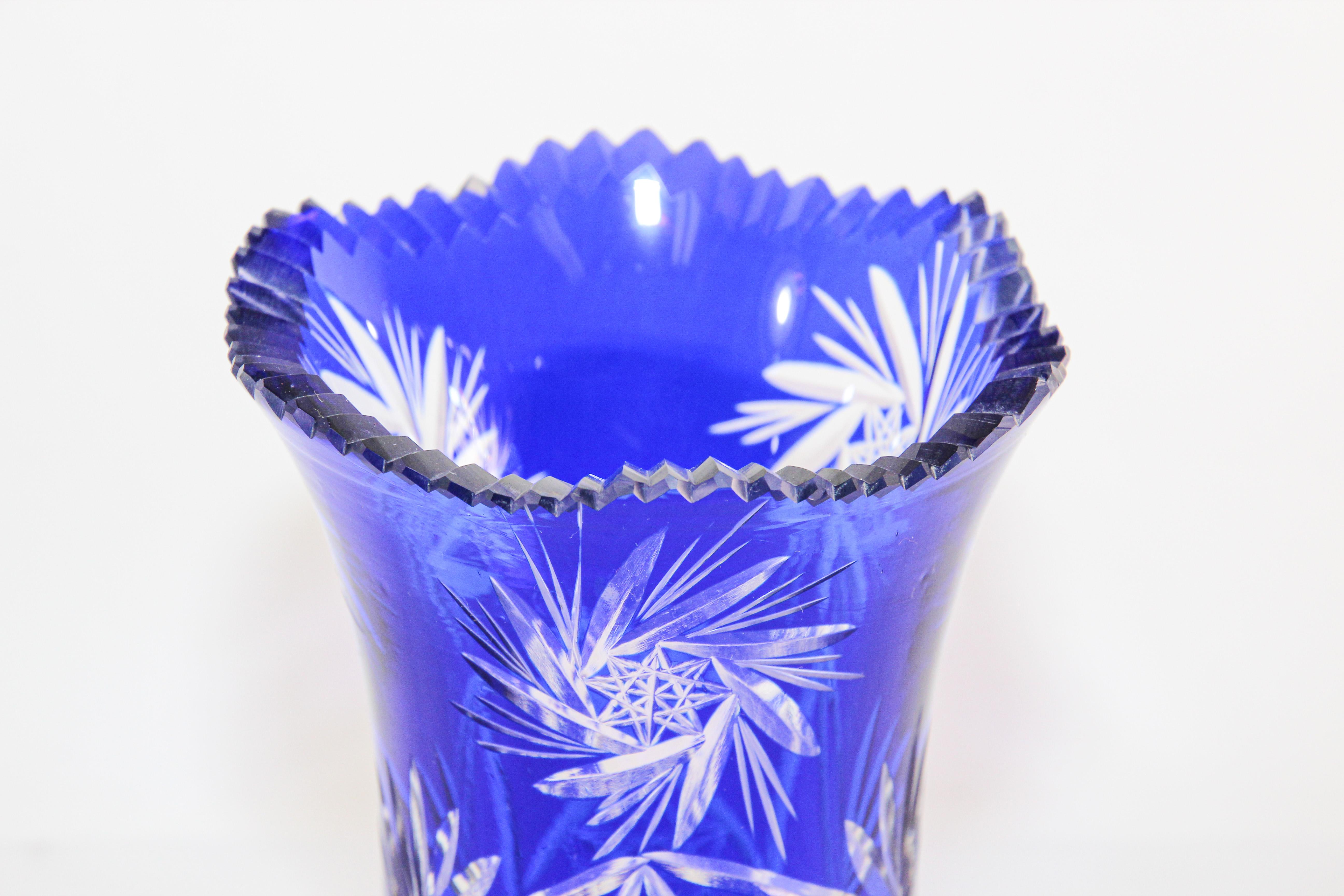 Czech Vintage Bohemian Cobalt Blue Cut to Clear Glass Crystal Vase