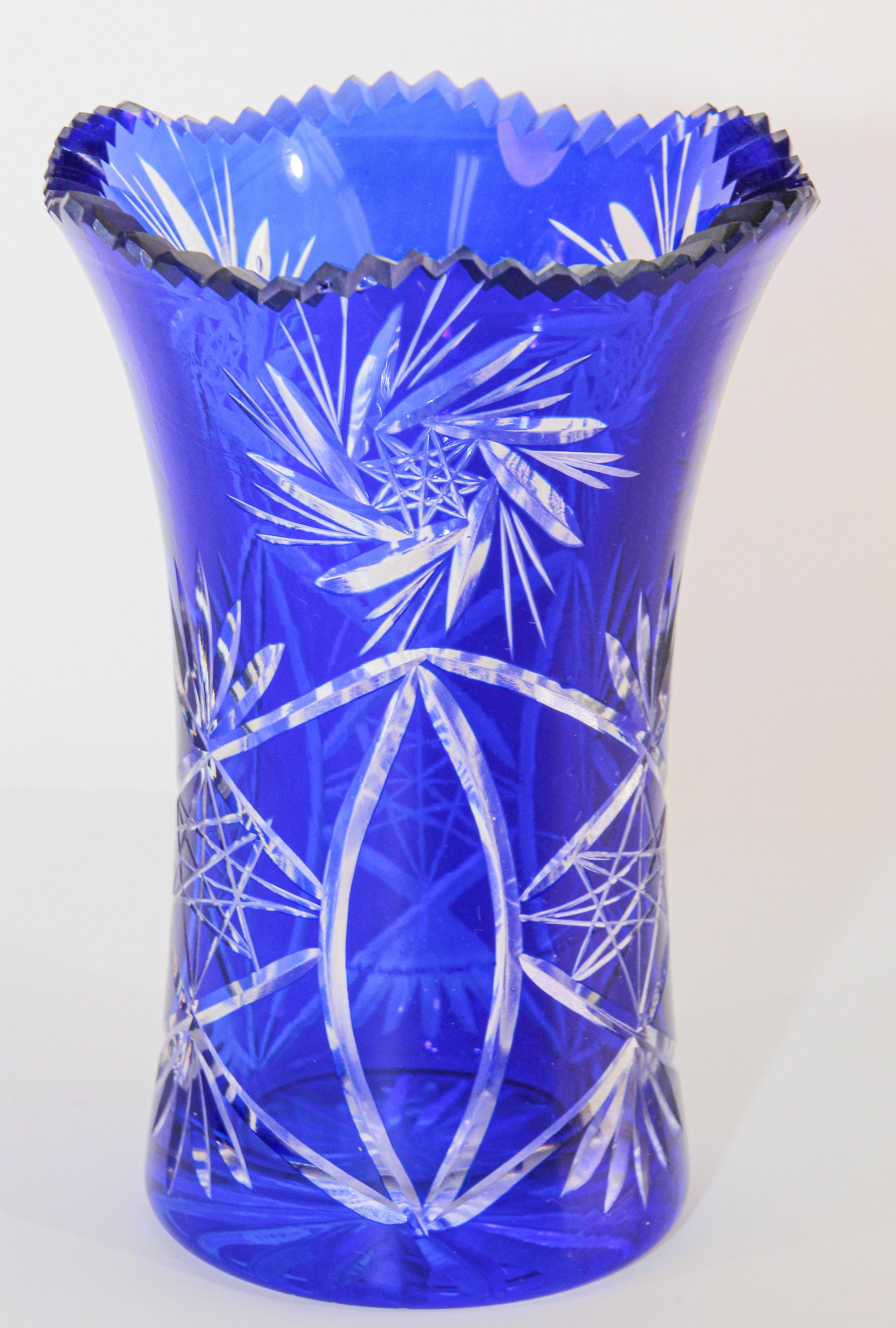 Etched Vintage Bohemian Cobalt Blue Cut to Clear Glass Crystal Vase