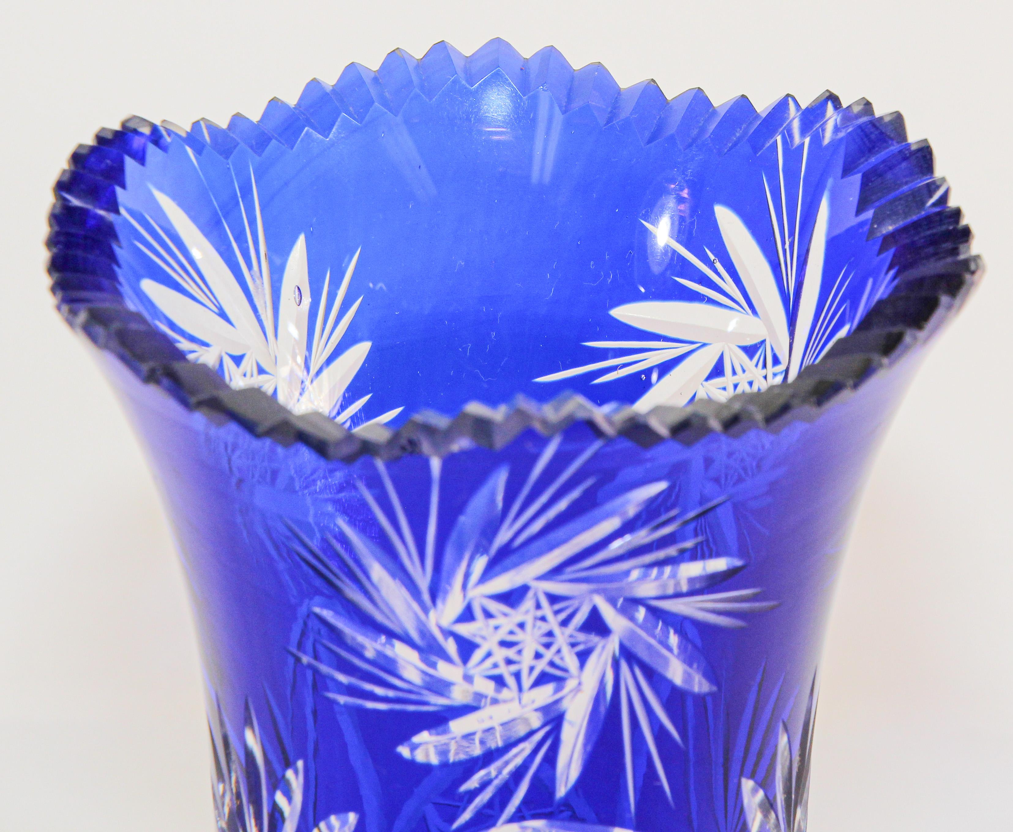 Vintage Bohemian Cobalt Blue Cut to Clear Glass Crystal Vase In Good Condition In North Hollywood, CA