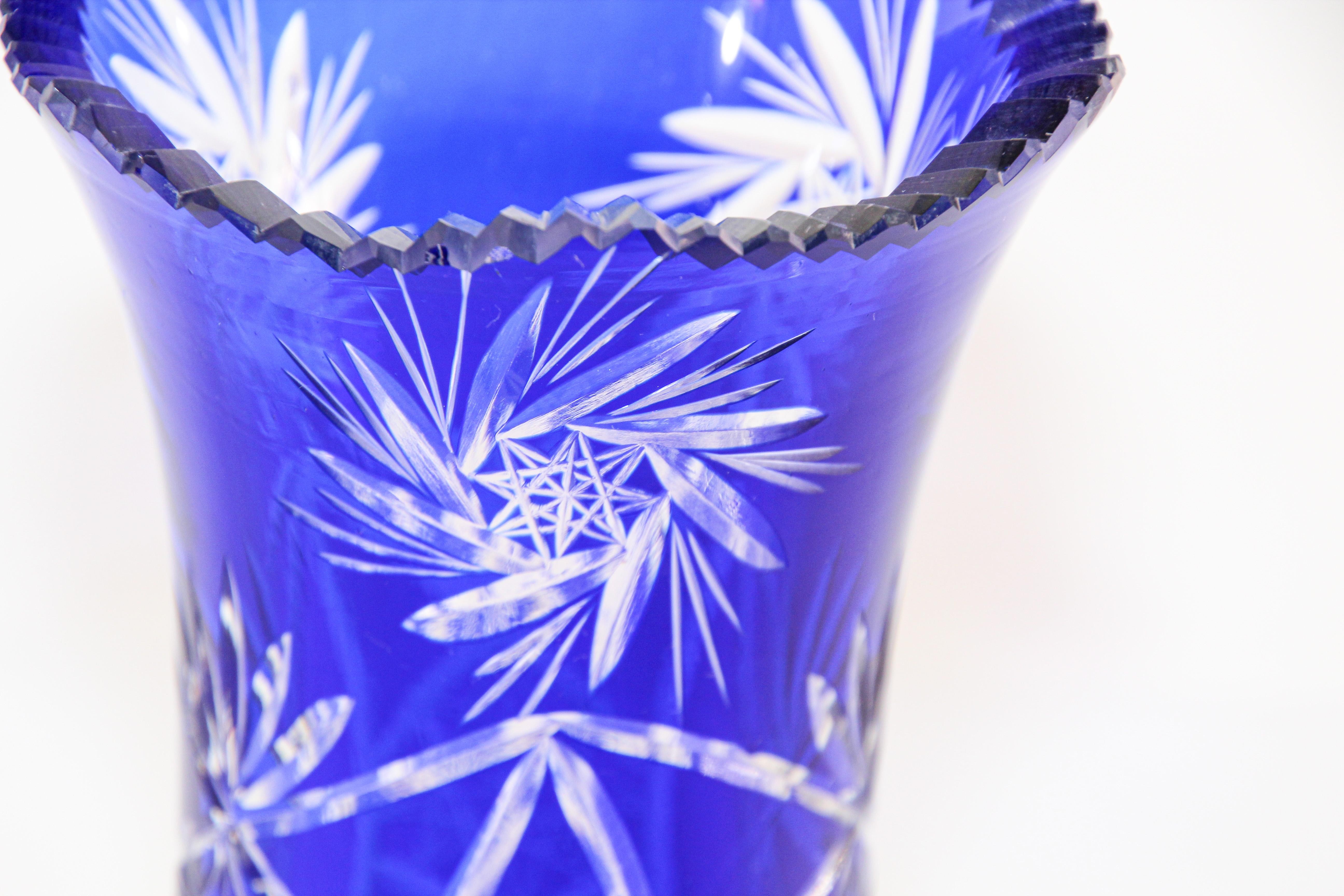 20th Century Vintage Bohemian Cobalt Blue Cut to Clear Glass Crystal Vase