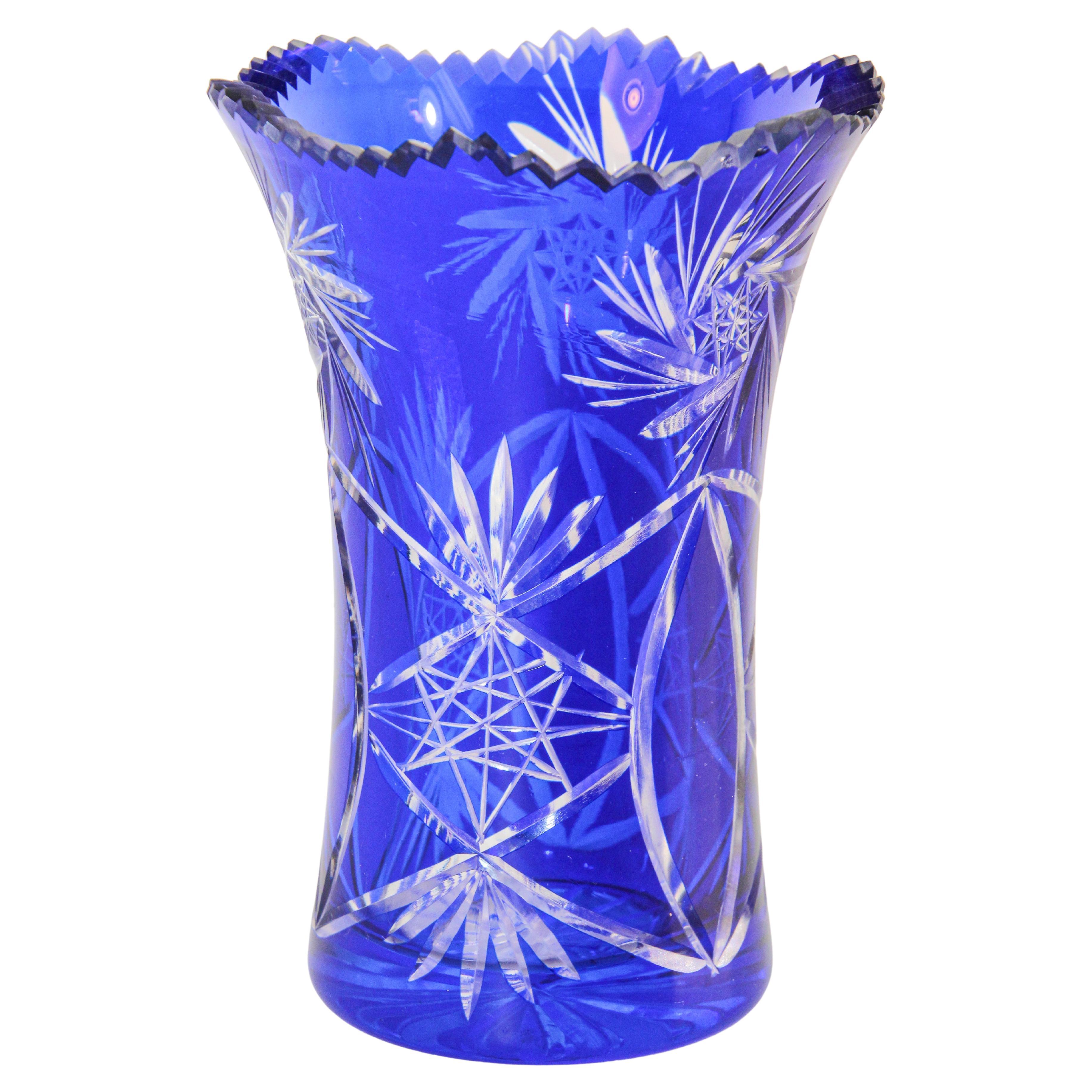 Vintage Bohemian Cobalt Blue Cut to Clear Glass Crystal Vase