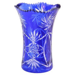 Bohemian kobaltblaue Kristallvase aus geschliffenem, klarem Glas, Vintage