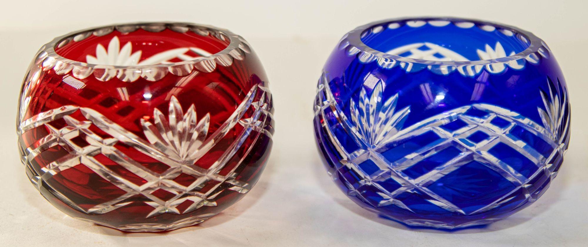 European Vintage Bohemian Crystal Votive Candle Holder in Cobalt Blue and Ruby Red