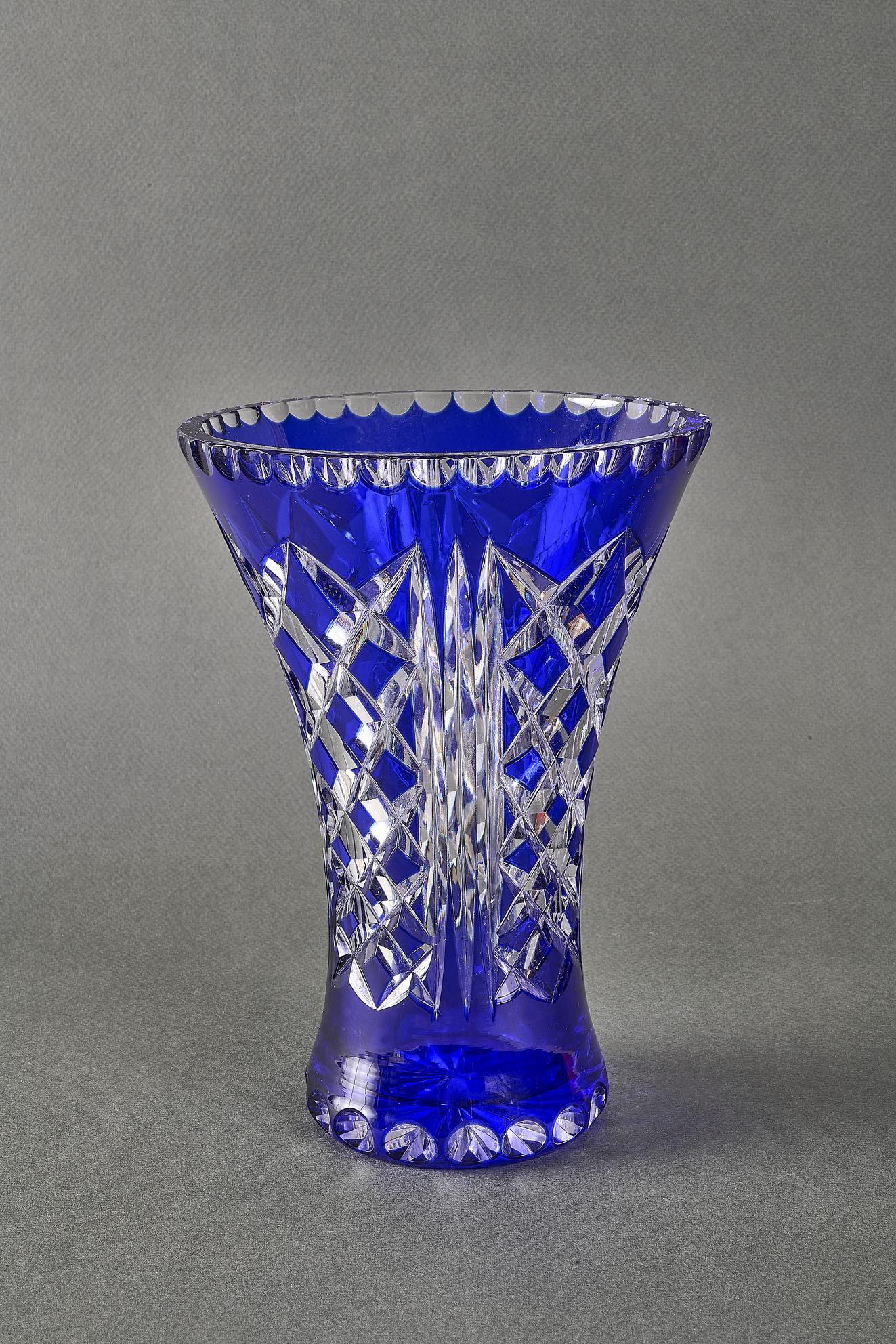 Czech Vintage Bohemian Cut Crystal Vase Blue Cut to Clear For Sale