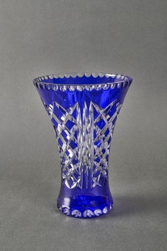 Vintage Bohemian Cut Crystal Vase Blue Cut to Clear