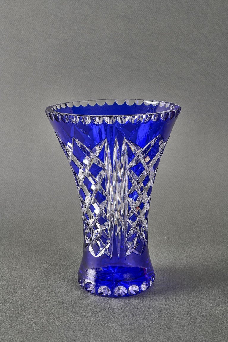 Vintage Bohemian Cut Crystal Vase Blue Cut to Clear For Sale at 1stDibs