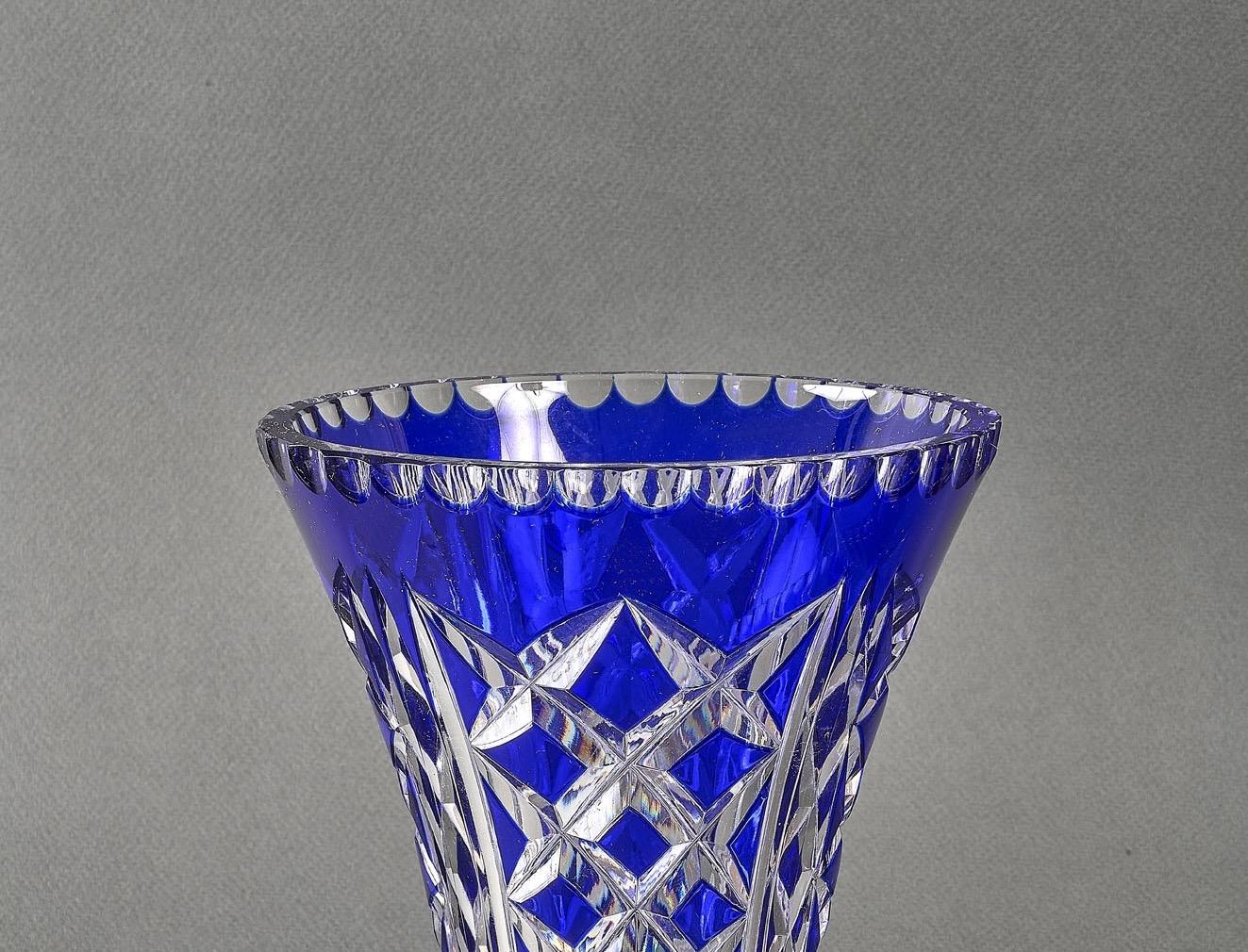 20th Century Vintage Bohemian Cut Crystal Vase Blue Cut to Clear For Sale