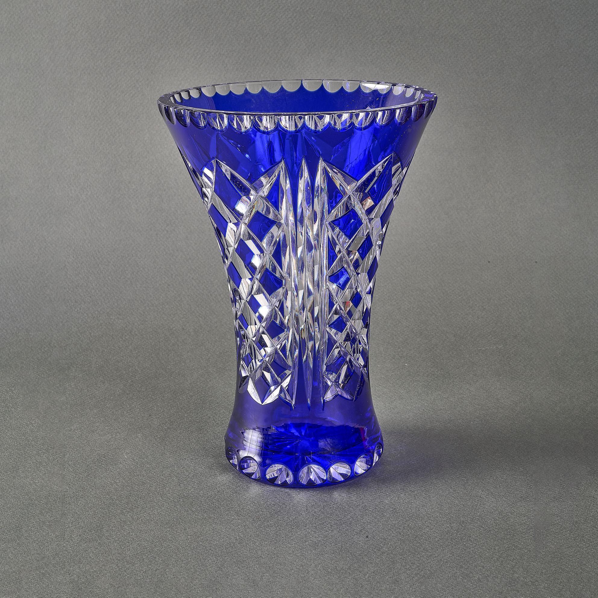 Vintage Bohemian Cut Crystal Vase Blue Cut to Clear For Sale 1