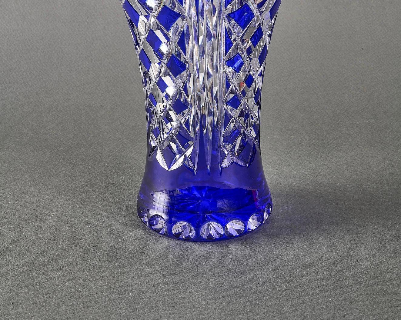 Vintage Bohemian Cut Crystal Vase Blue Cut to Clear For Sale 2