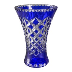 Vintage Bohemian Cut Crystal Vase Blue Cut to Clear