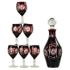 Vintage Bohemian Cut to Clear Ruby Red Decanter and 6 Glasses