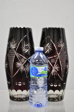 Vintage Bohemian Czech Cut to Clear Cranberry Ruby Glass 10.5" Bud Vase - a Pair