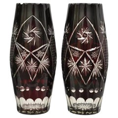 Antique Bohemian Czech Cut to Clear Cranberry Ruby Glass 10.5" Bud Vase - a Pair