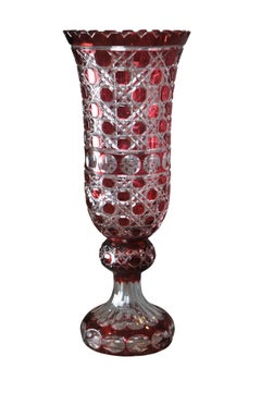 Vintage Bohemian Czech Ruby Red Cut to Clear Footed Crystal Flower Vase 21"