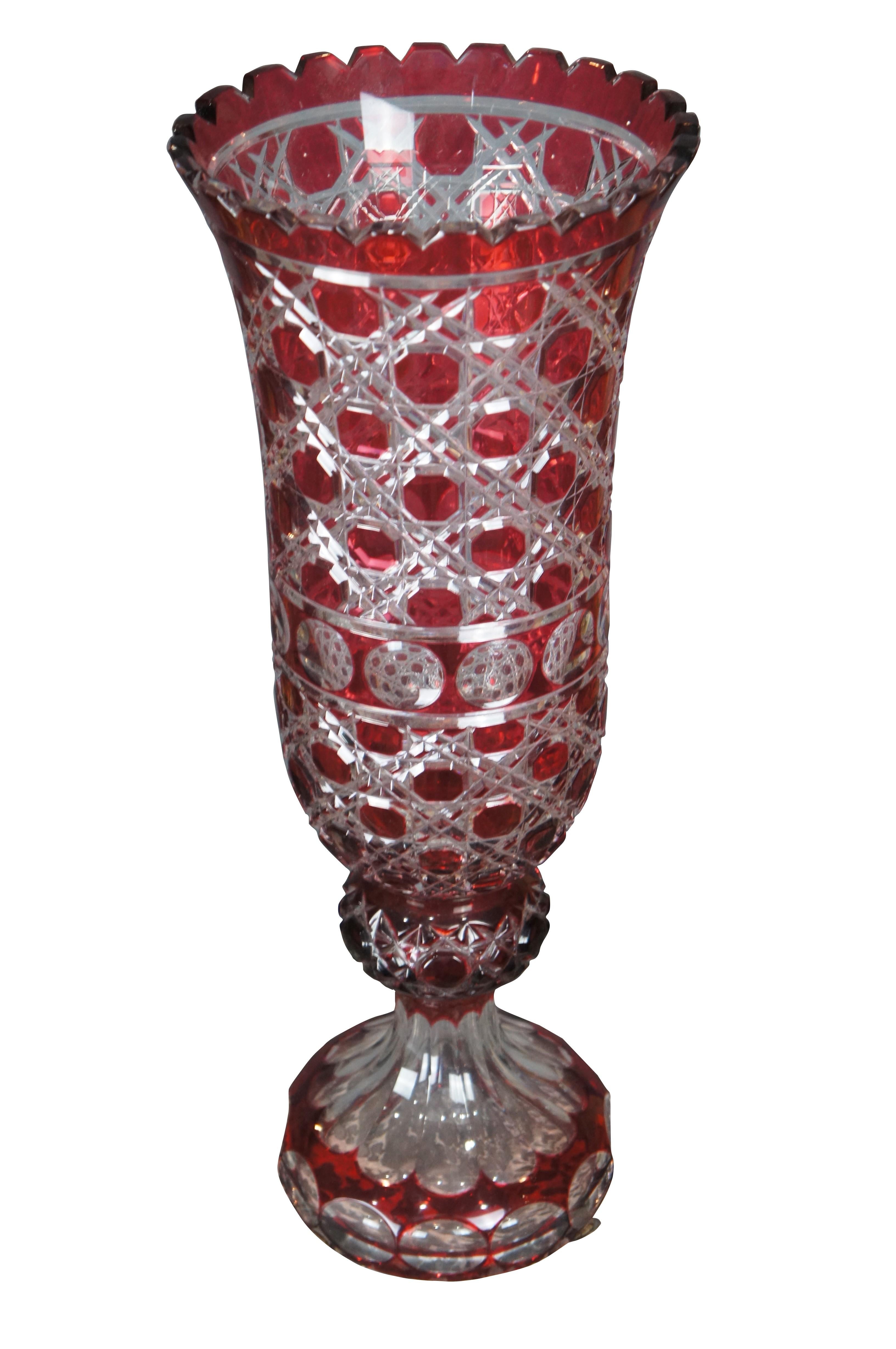 Vintage Bohemian Czech Ruby Red Cut to Clear Footed Crystal Flower Vase 21