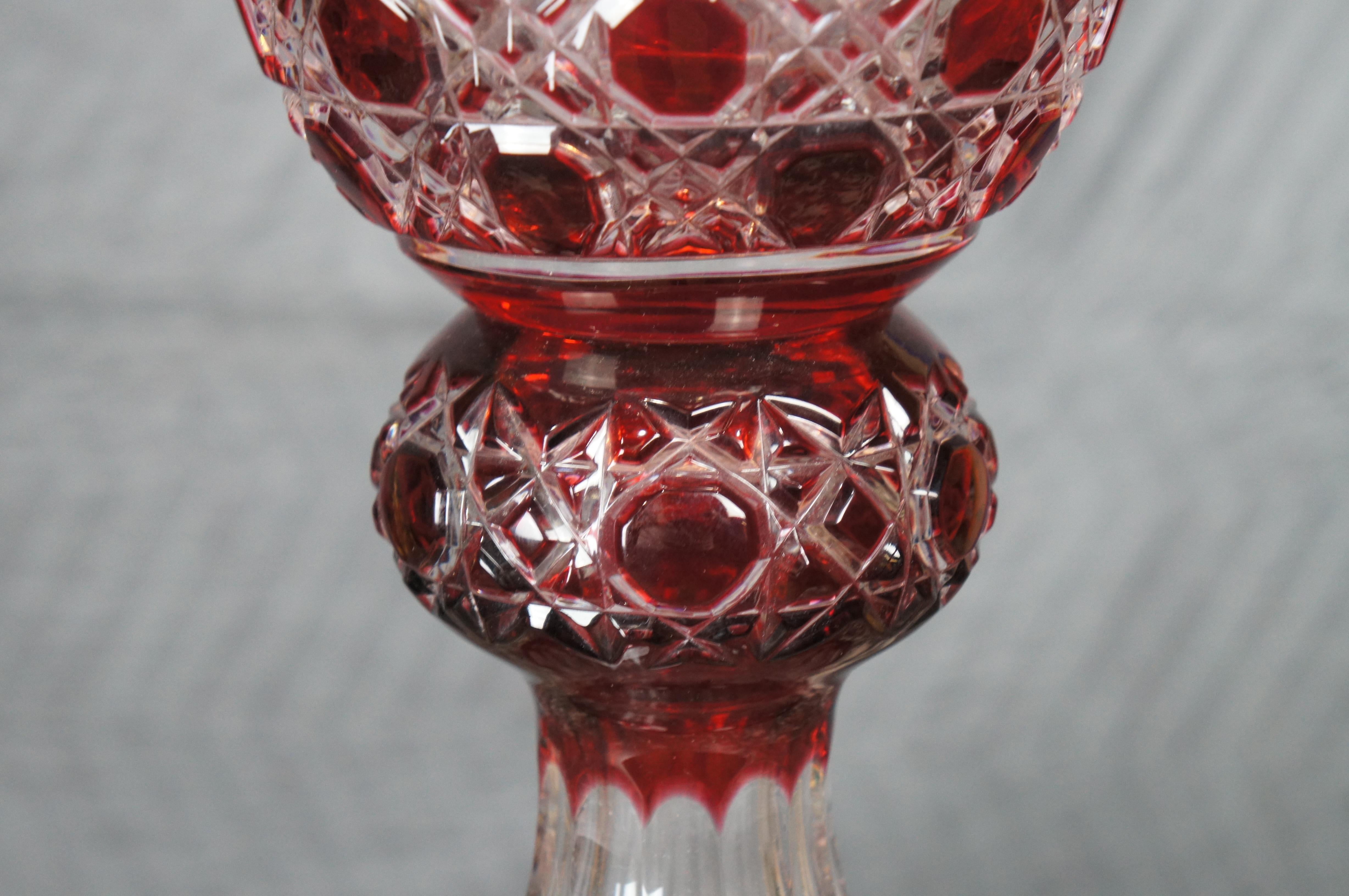 Vintage Bohemian Czech Ruby Red Cut to Clear Footed Crystal Flower Vase 21
