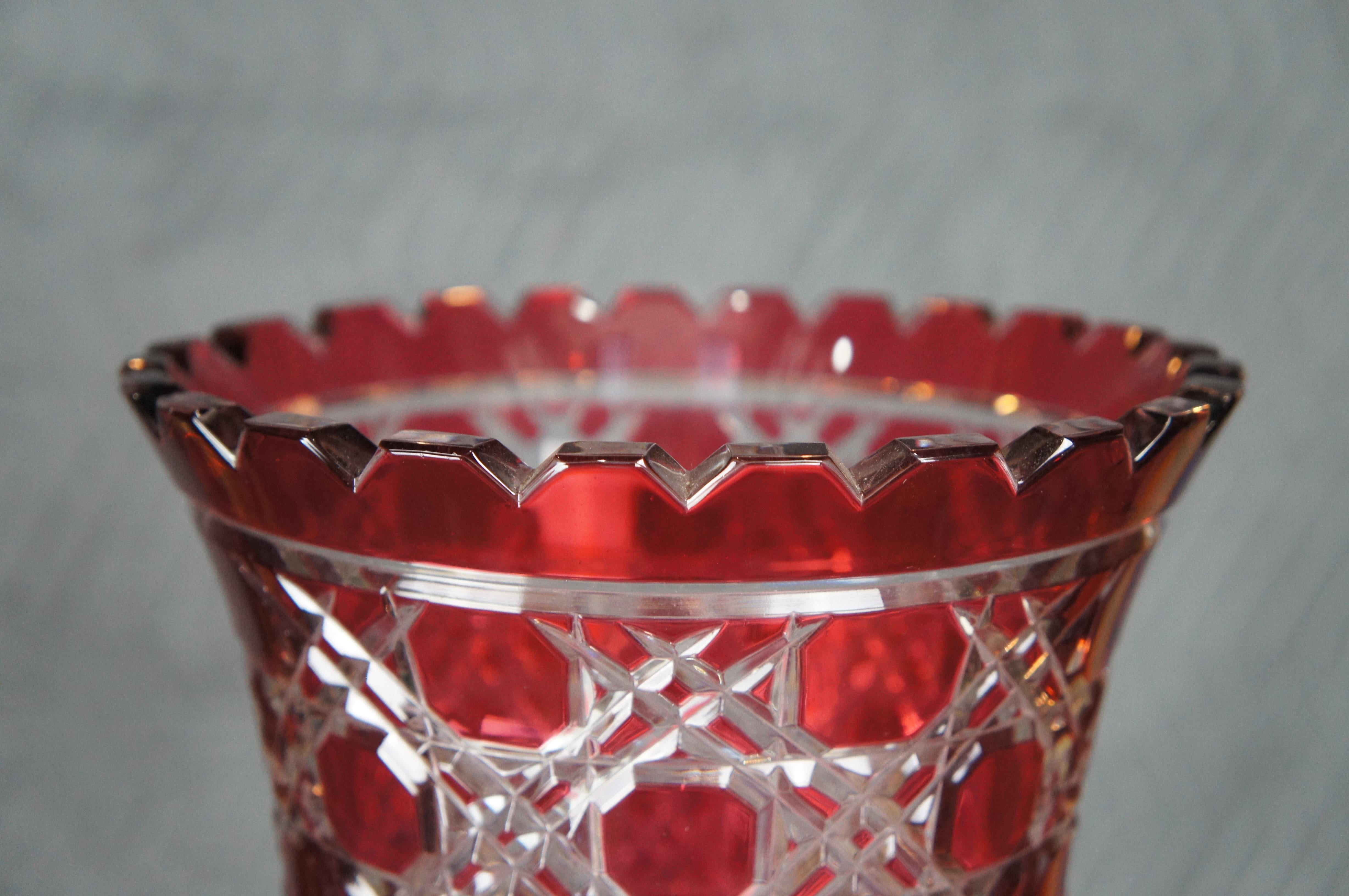 Vintage Bohemian Czech Ruby Red Cut to Clear Footed Crystal Flower Vase 21