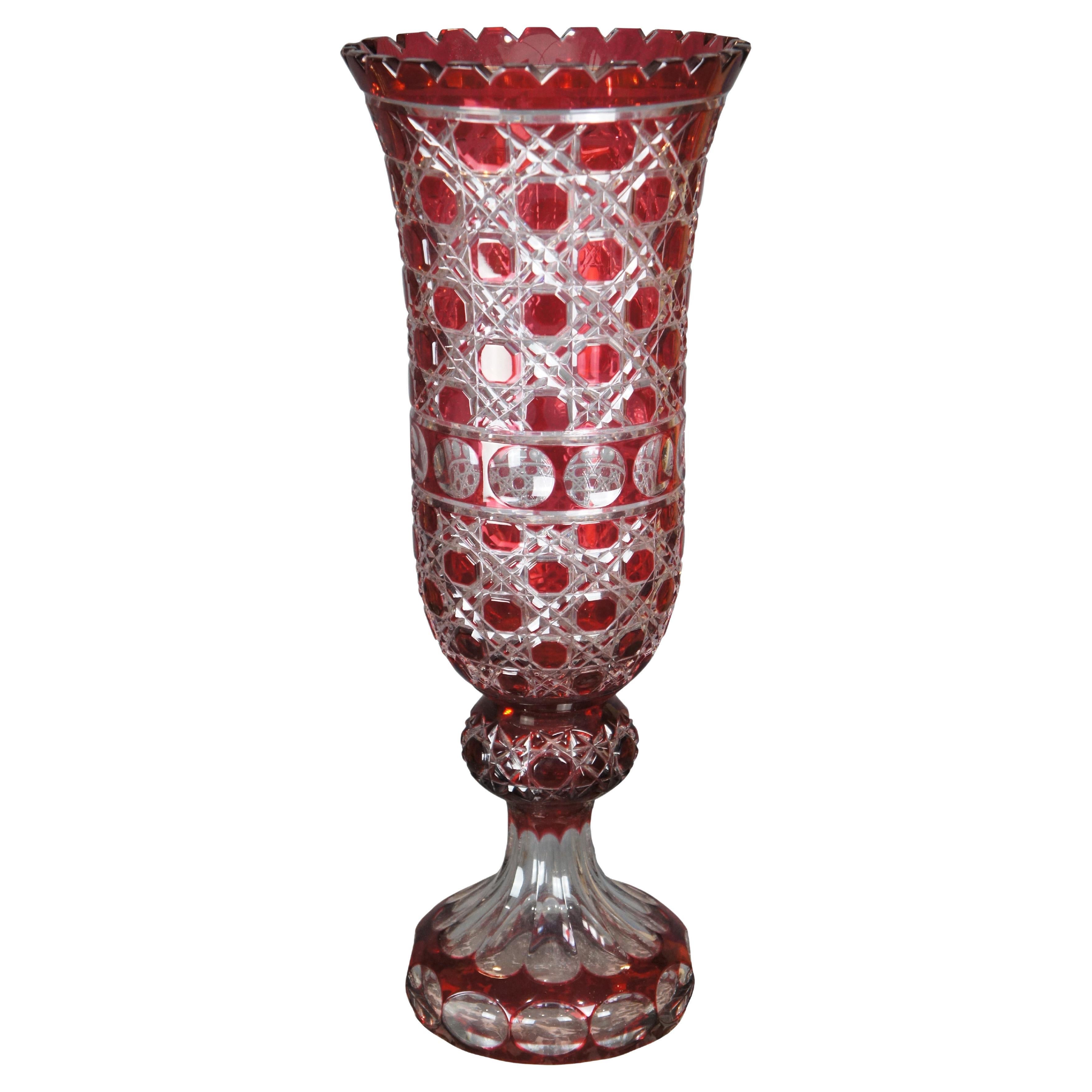 Vintage Bohemian Czech Ruby Red Cut to Clear Footed Crystal Flower Vase 21"